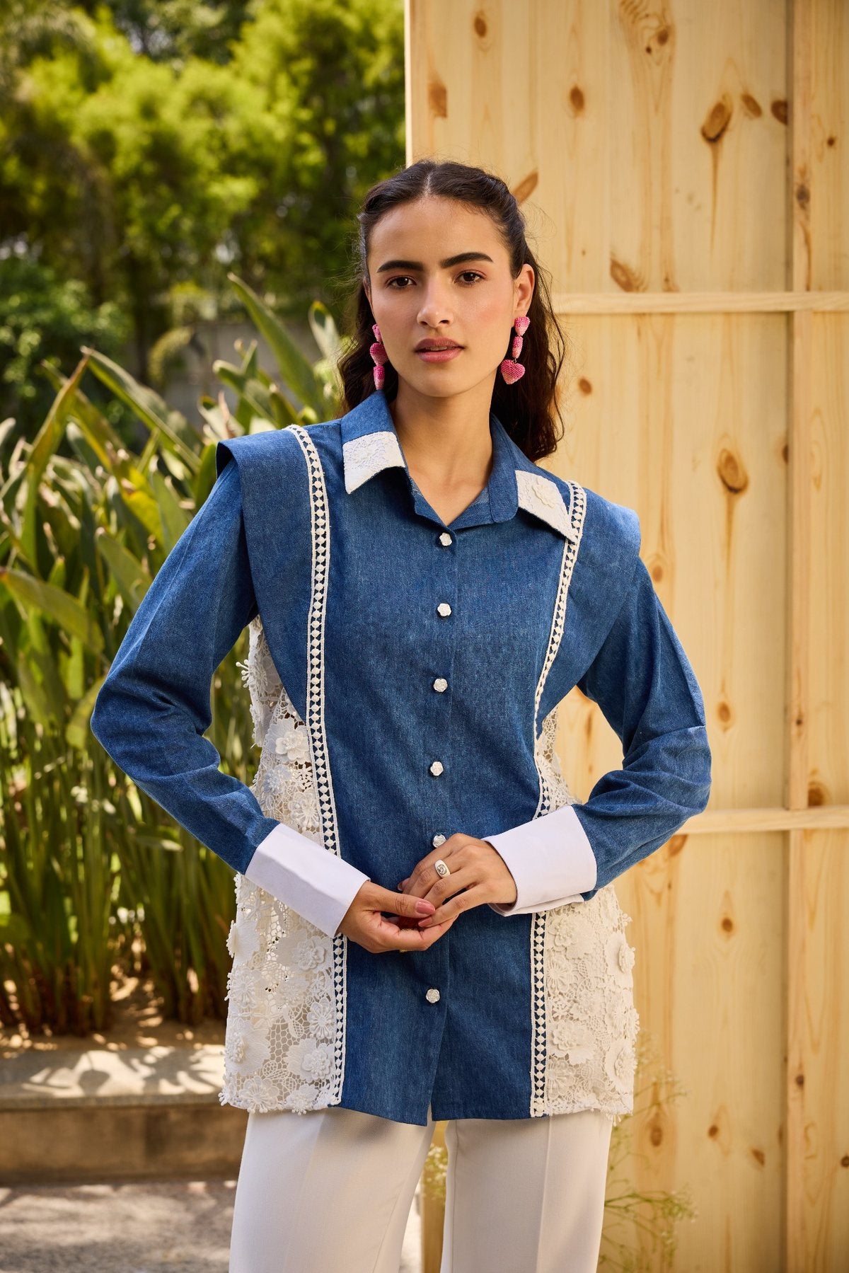 SOFT DENIM MESH DETAILING SHIRT