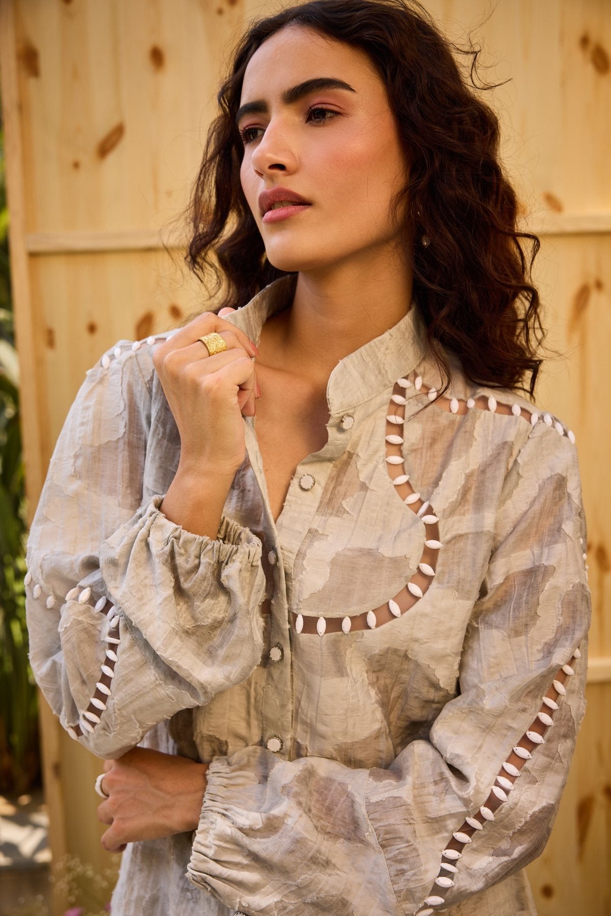 GREY TEXTURE WITH WHITE STUD SHIRT