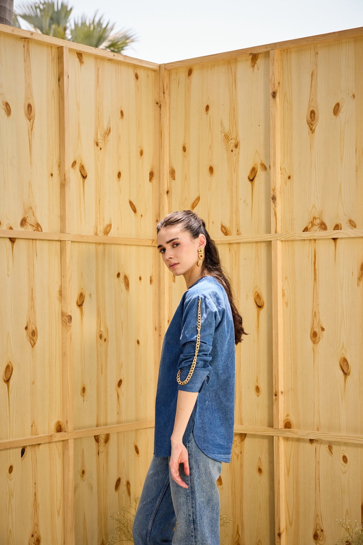 CLASSIC DAINTY DENIM SHIRT WITH CHAIN DETAILING