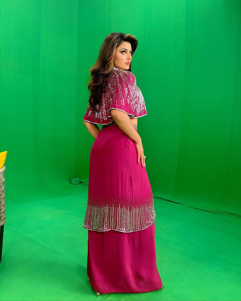 Urvashi Rutela in Ruby Red Cape & Skirt Set