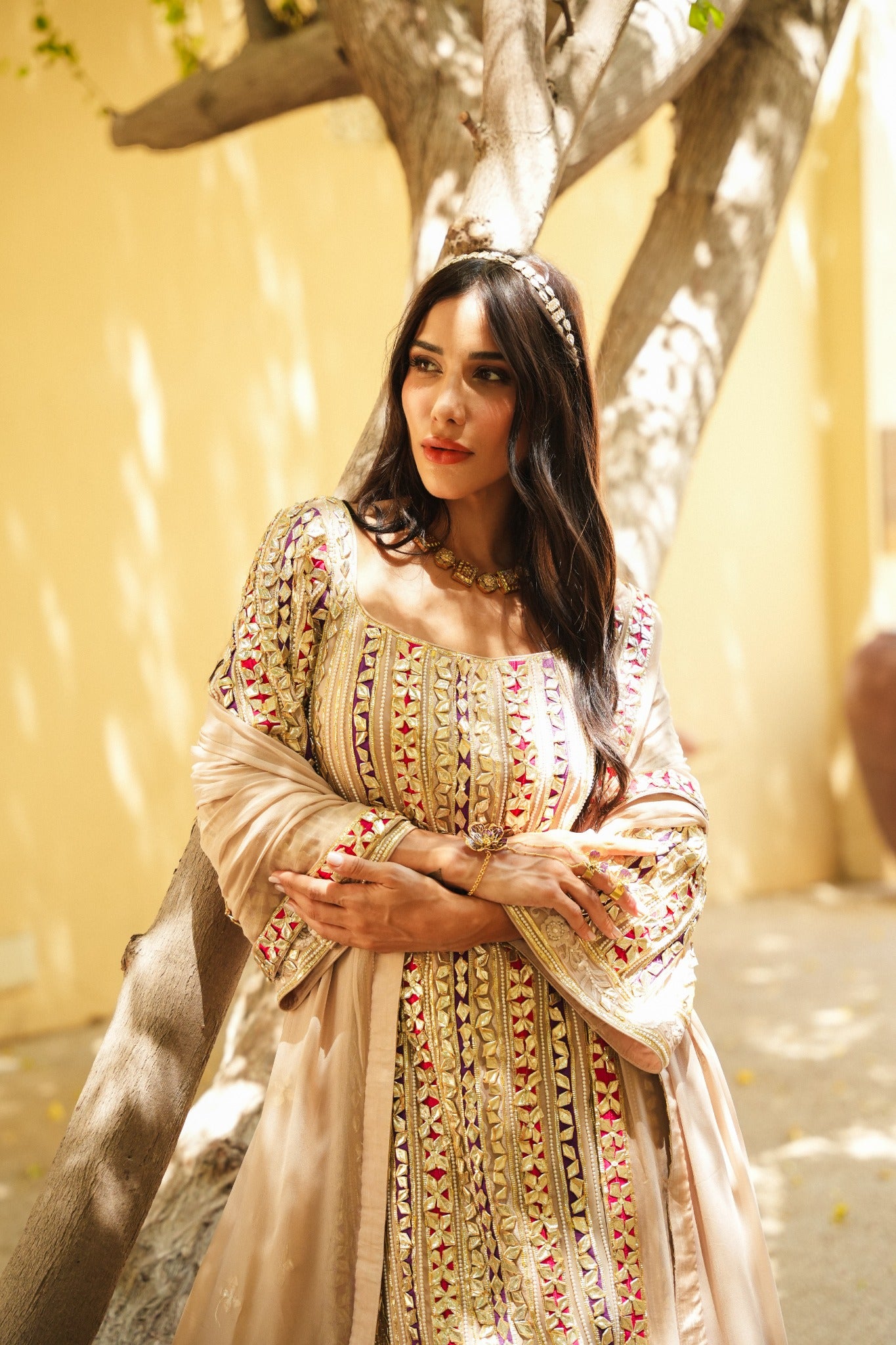 BEIGE PARISAA GARARA (PINK & PURPLE DETAILS)