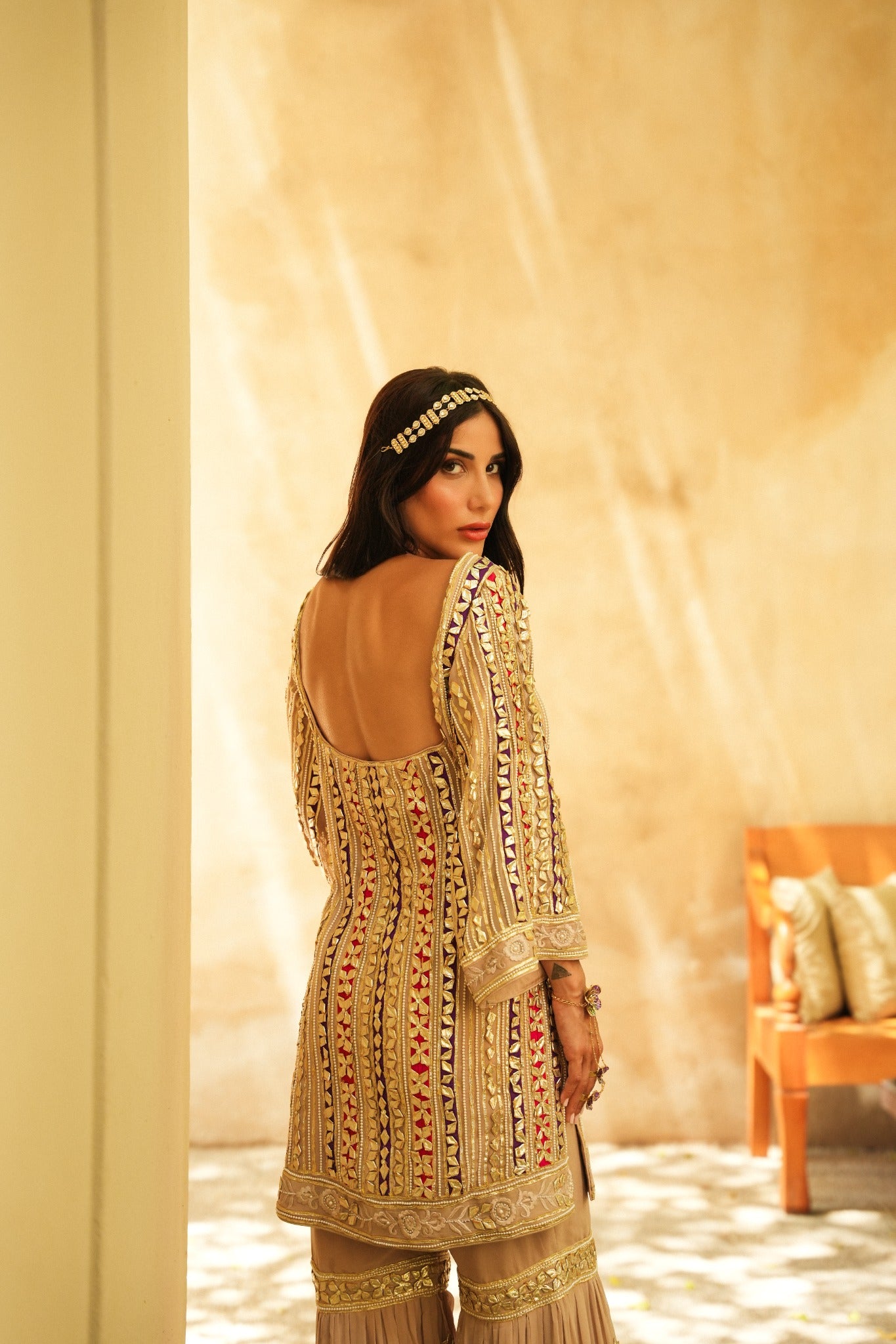 BEIGE PARISAA GARARA (PINK & PURPLE DETAILS)