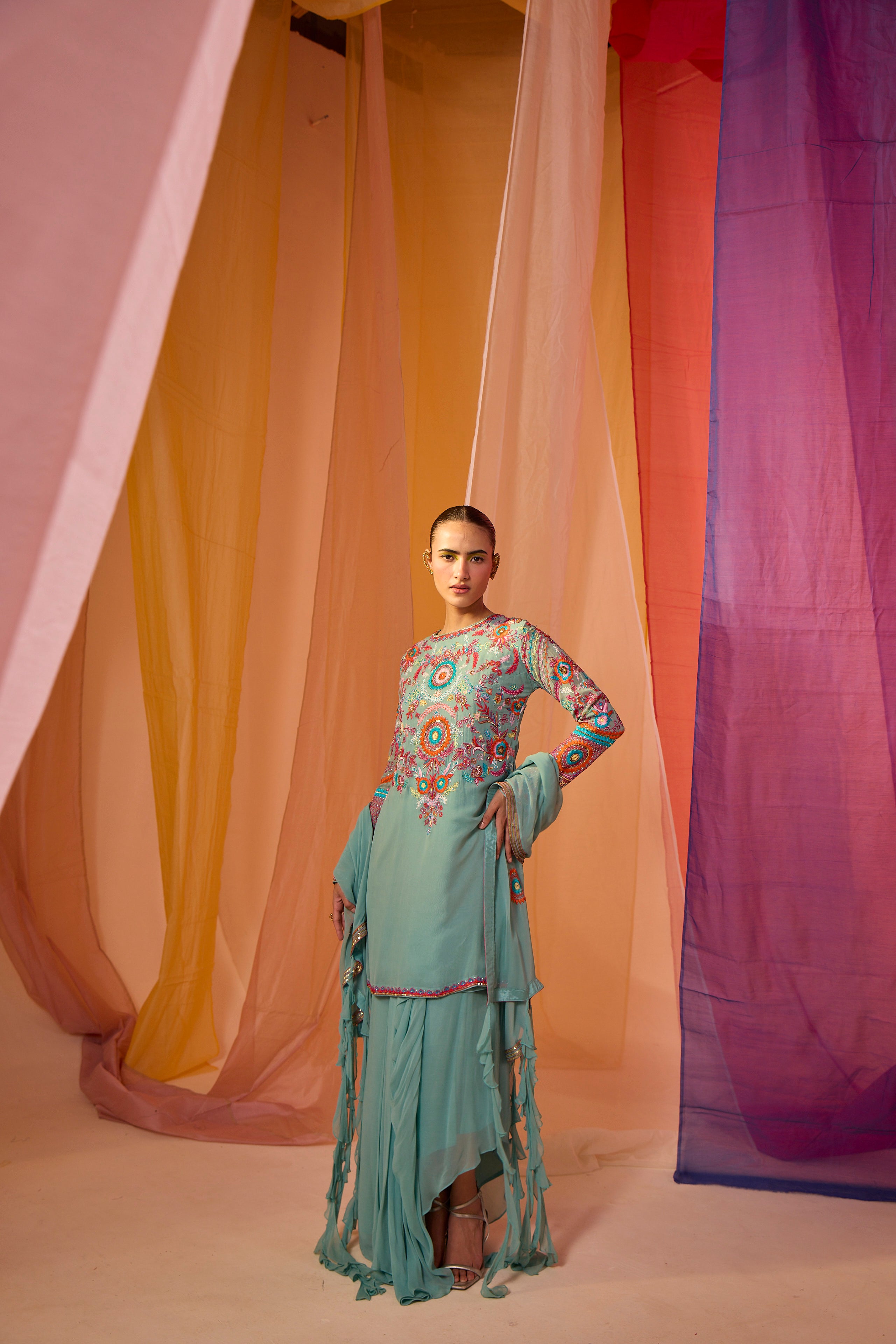 Multi Colour kurta with Drape Skirt & frill dupatta - S394