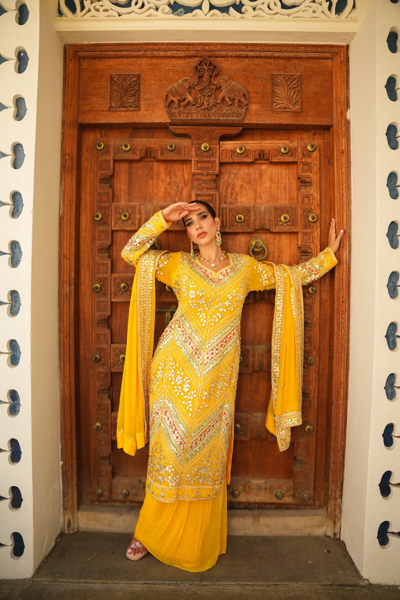 VIBRANT YELLOW PARISAA LONG KURTA WITH SHARARA (ORANGE & GREEN DETAILS)