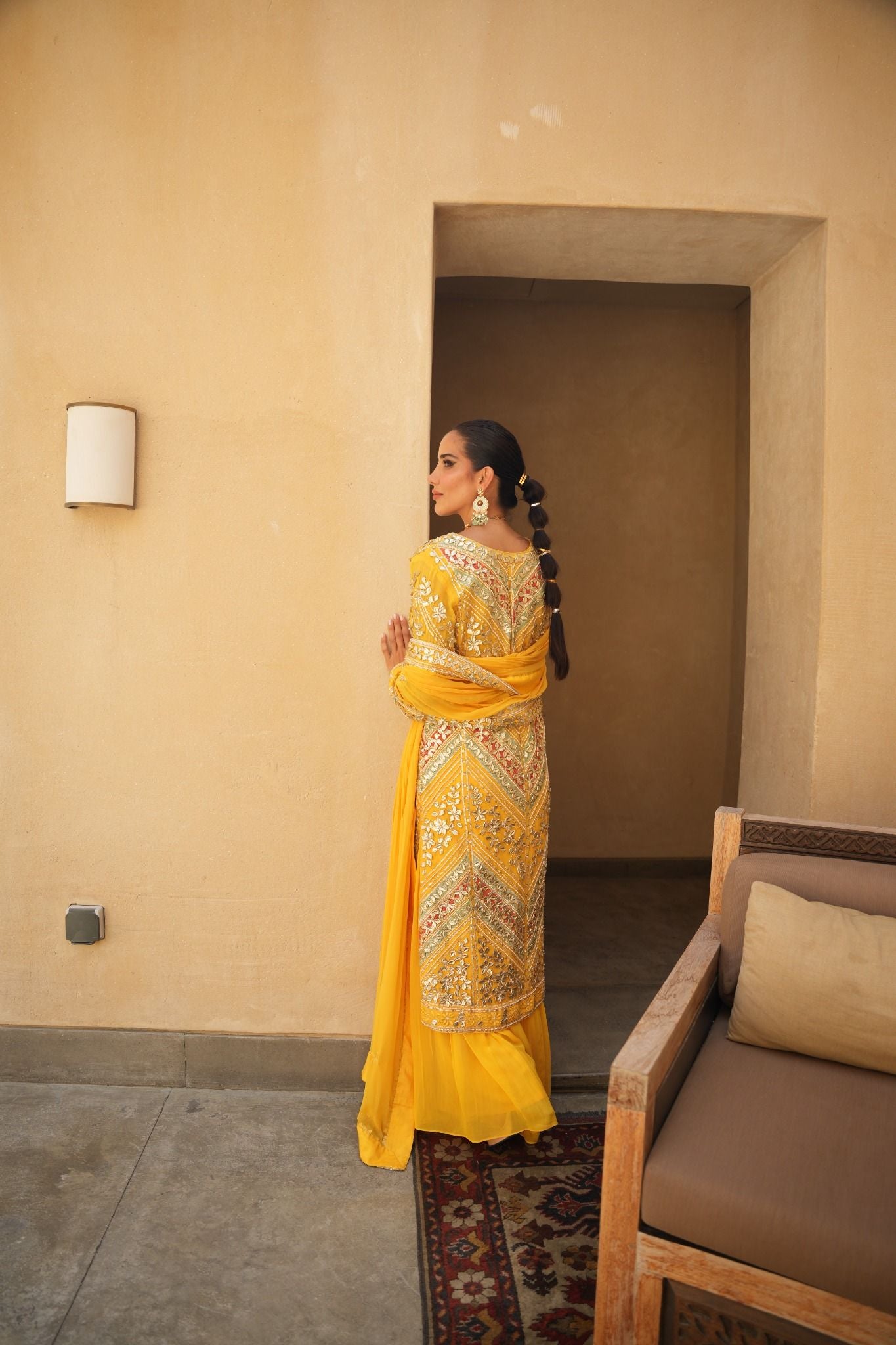 VIBRANT YELLOW PARISAA LONG KURTA WITH SHARARA (ORANGE & GREEN DETAILS)