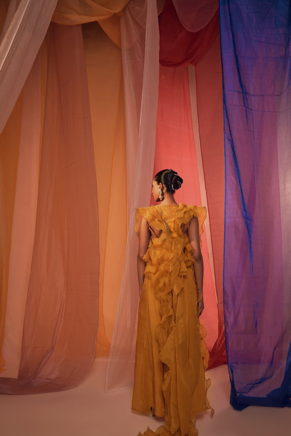 MUSTARD RUFFLE CAPE WITH EMBROIDERED NECK DETAIL BLOUSE AND DRAPE PANTS