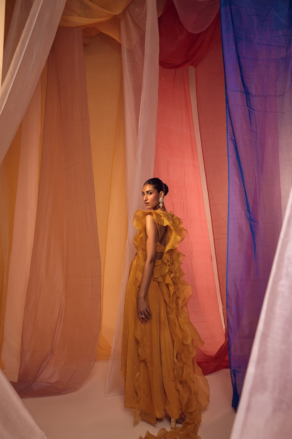 MUSTARD RUFFLE CAPE WITH EMBROIDERED NECK DETAIL BLOUSE AND DRAPE PANTS