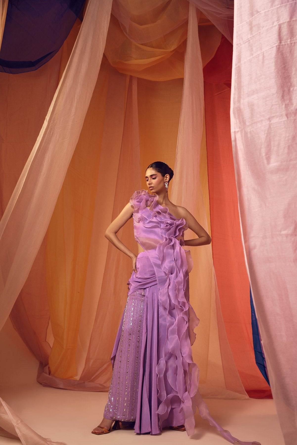LAVENDER ASSYMETRICAL DRAPE TOP WITH CRYSTAL EMBELLISHED SKIRT AND BUSTIER