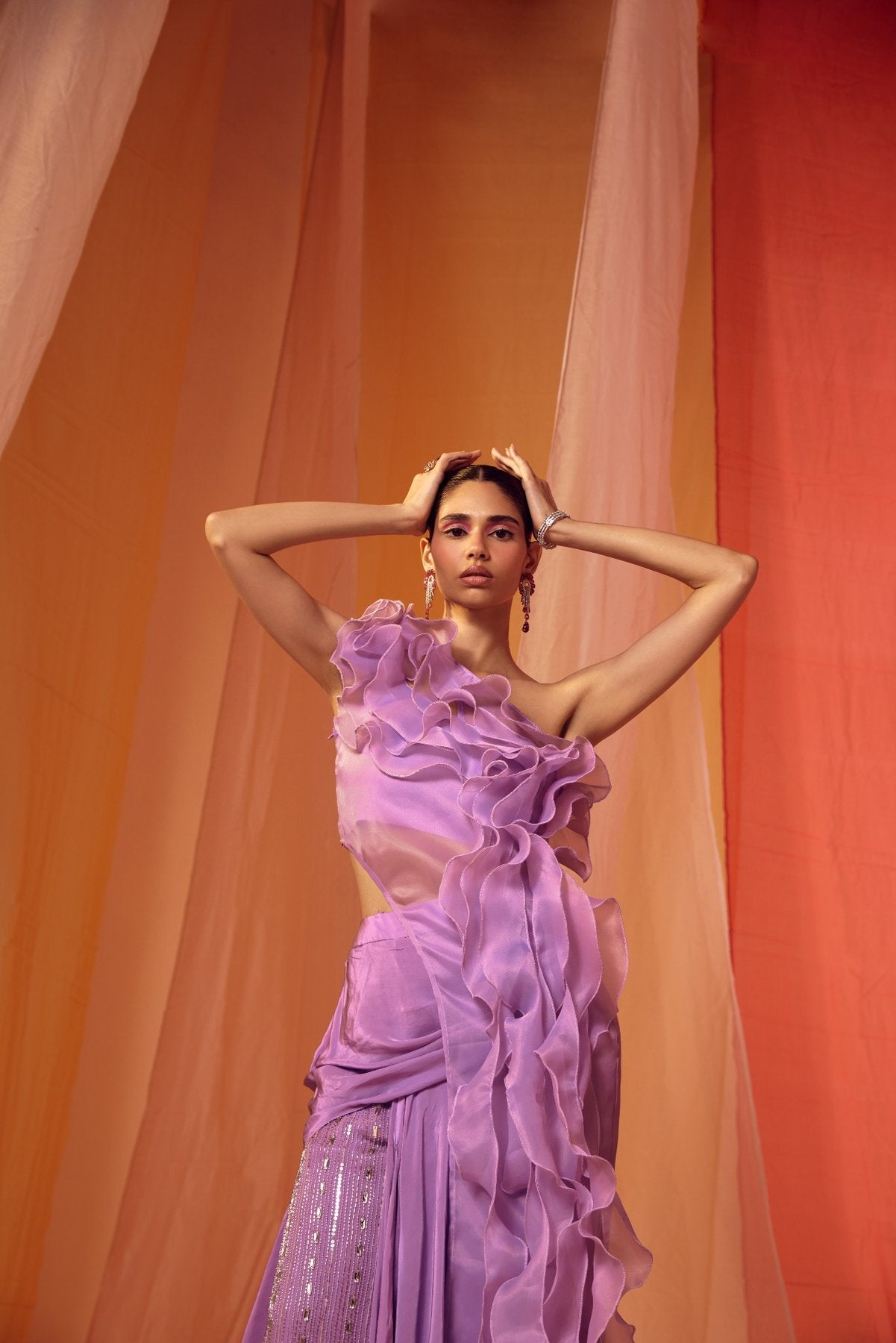 LAVENDER ASSYMETRICAL DRAPE TOP WITH CRYSTAL EMBELLISHED SKIRT AND BUSTIER