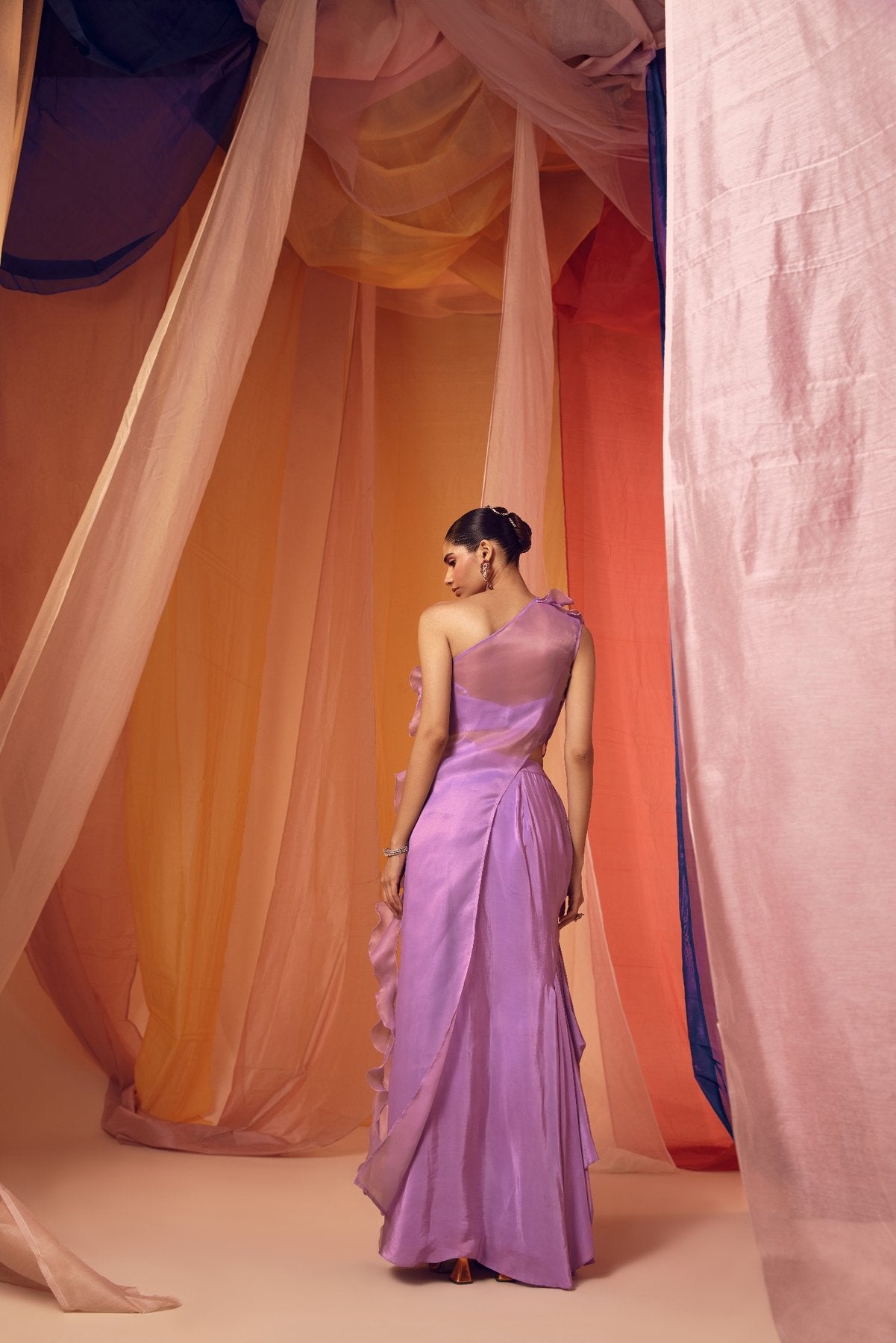 LAVENDER ASSYMETRICAL DRAPE TOP WITH CRYSTAL EMBELLISHED SKIRT AND BUSTIER