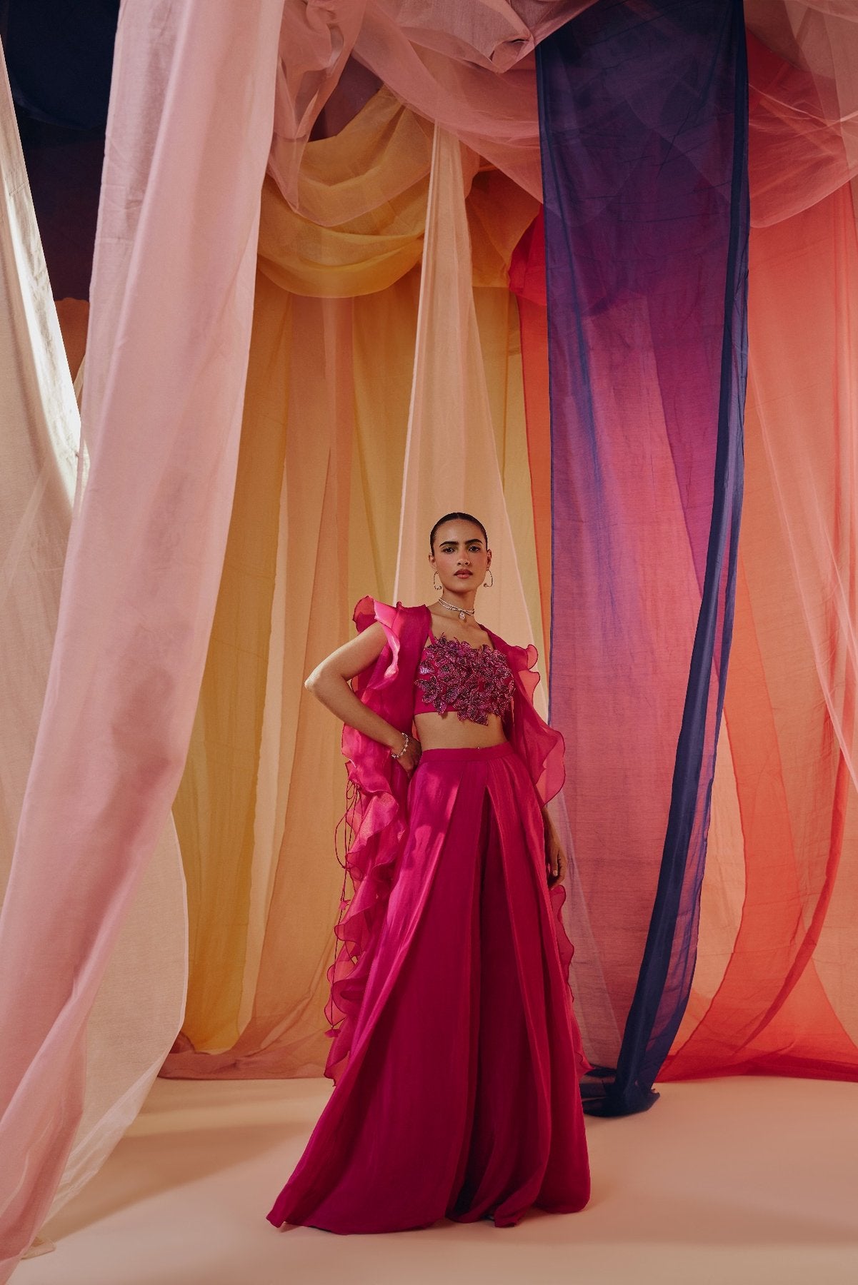 HOT PINK 3D EMBROIDERED BLOUSE WITH RUFFLE CAPE AND DRAPE PANTS