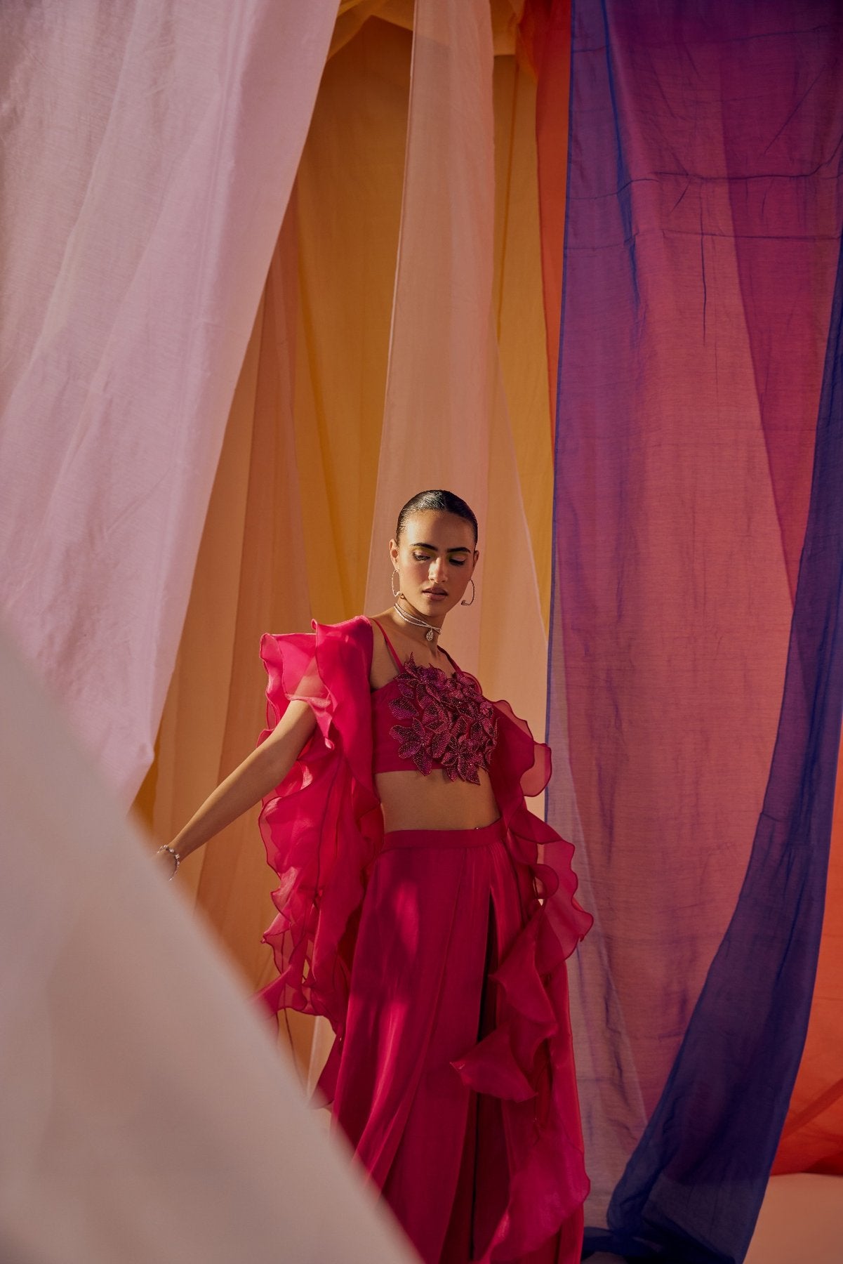 HOT PINK 3D EMBROIDERED BLOUSE WITH RUFFLE CAPE AND DRAPE PANTS