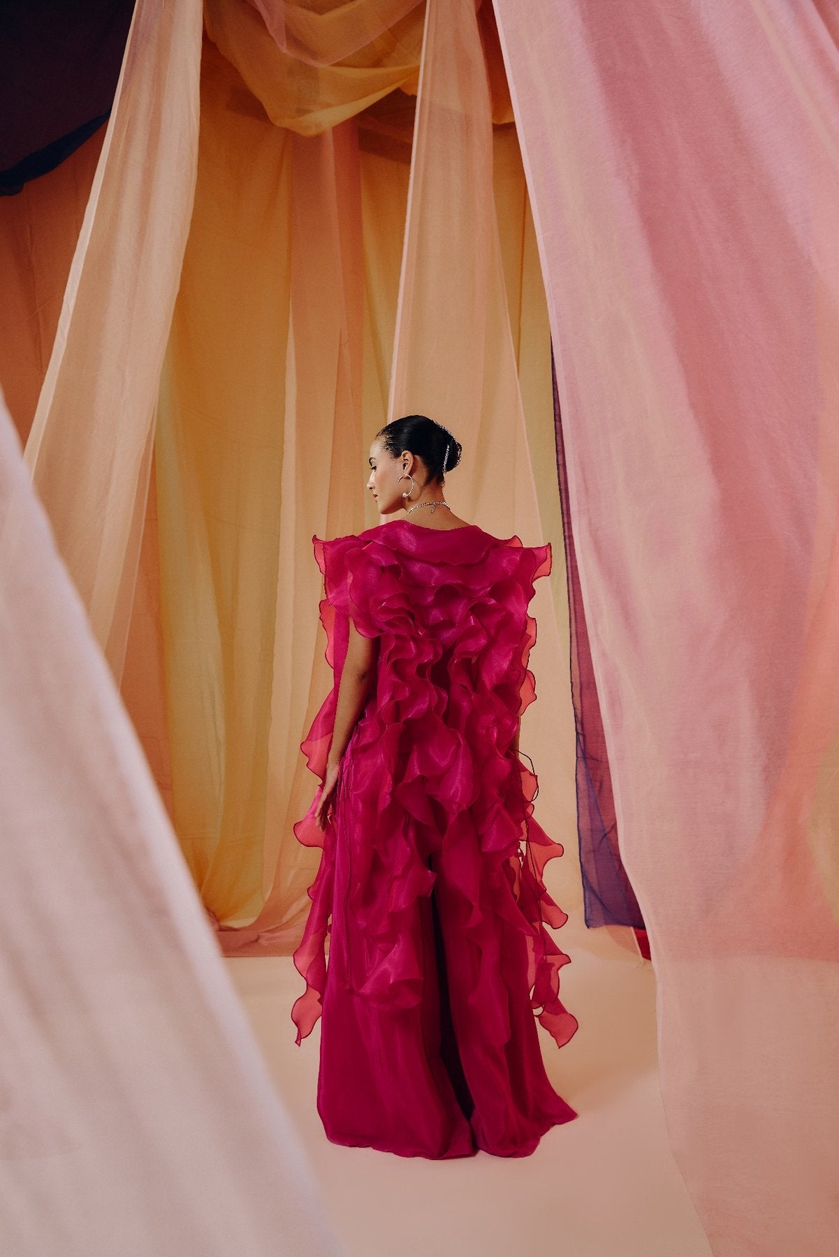 HOT PINK 3D EMBROIDERED BLOUSE WITH RUFFLE CAPE AND DRAPE PANTS