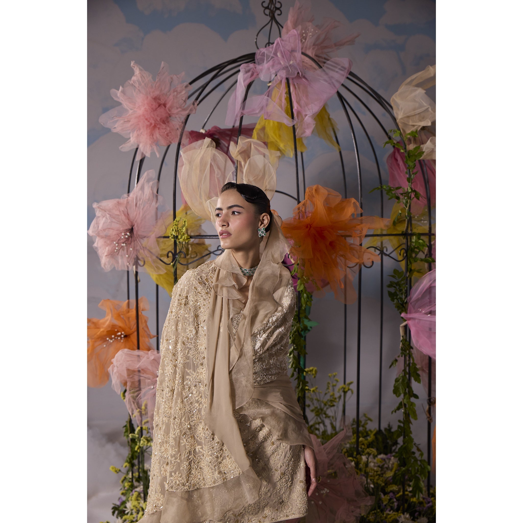 Yellowish Cream dori embroidery kurta and pants with frill dupatta
