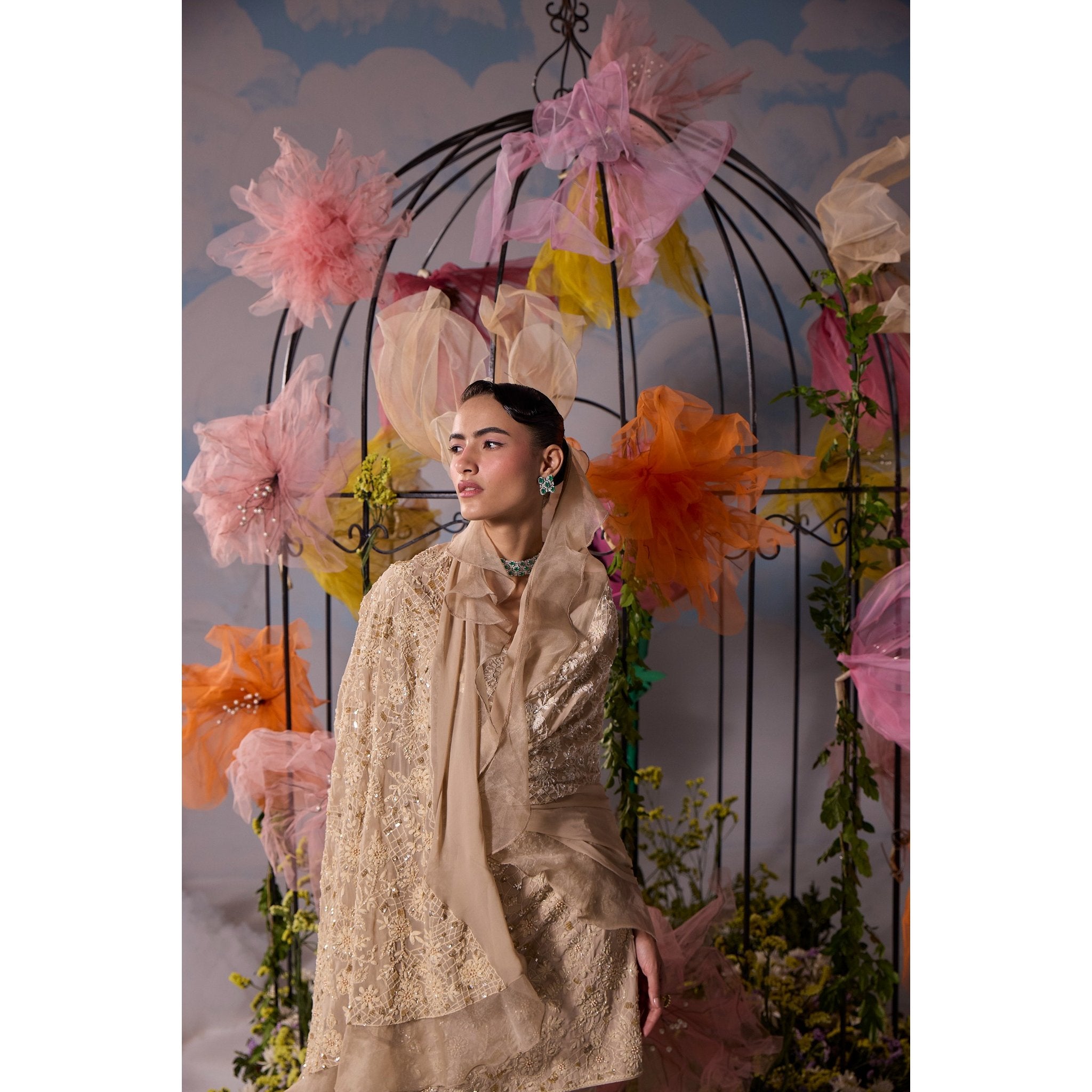 Beige thread dori embroidery kurta with sharara and dupatta