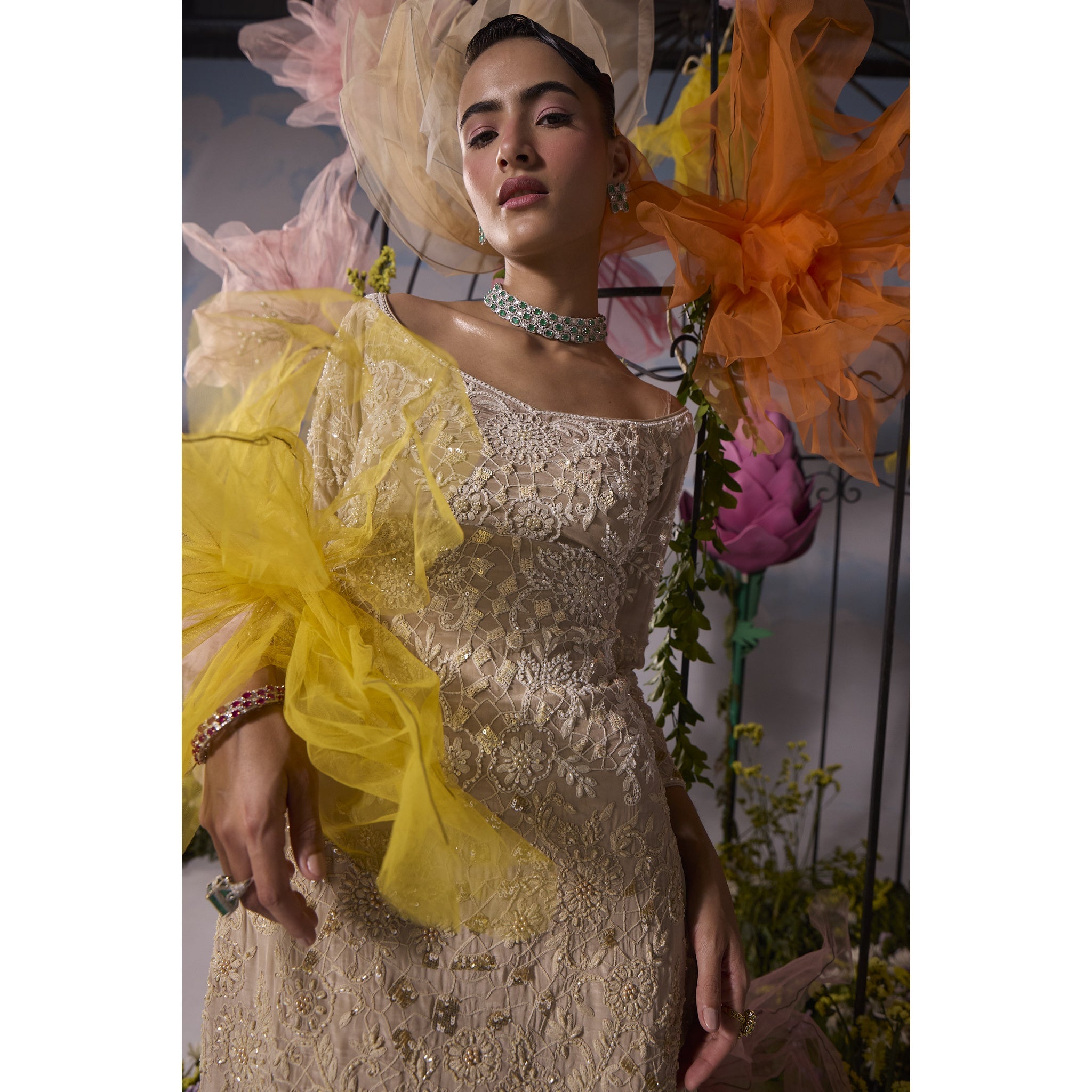 Yellowish Cream dori embroidery kurta and pants with frill dupatta