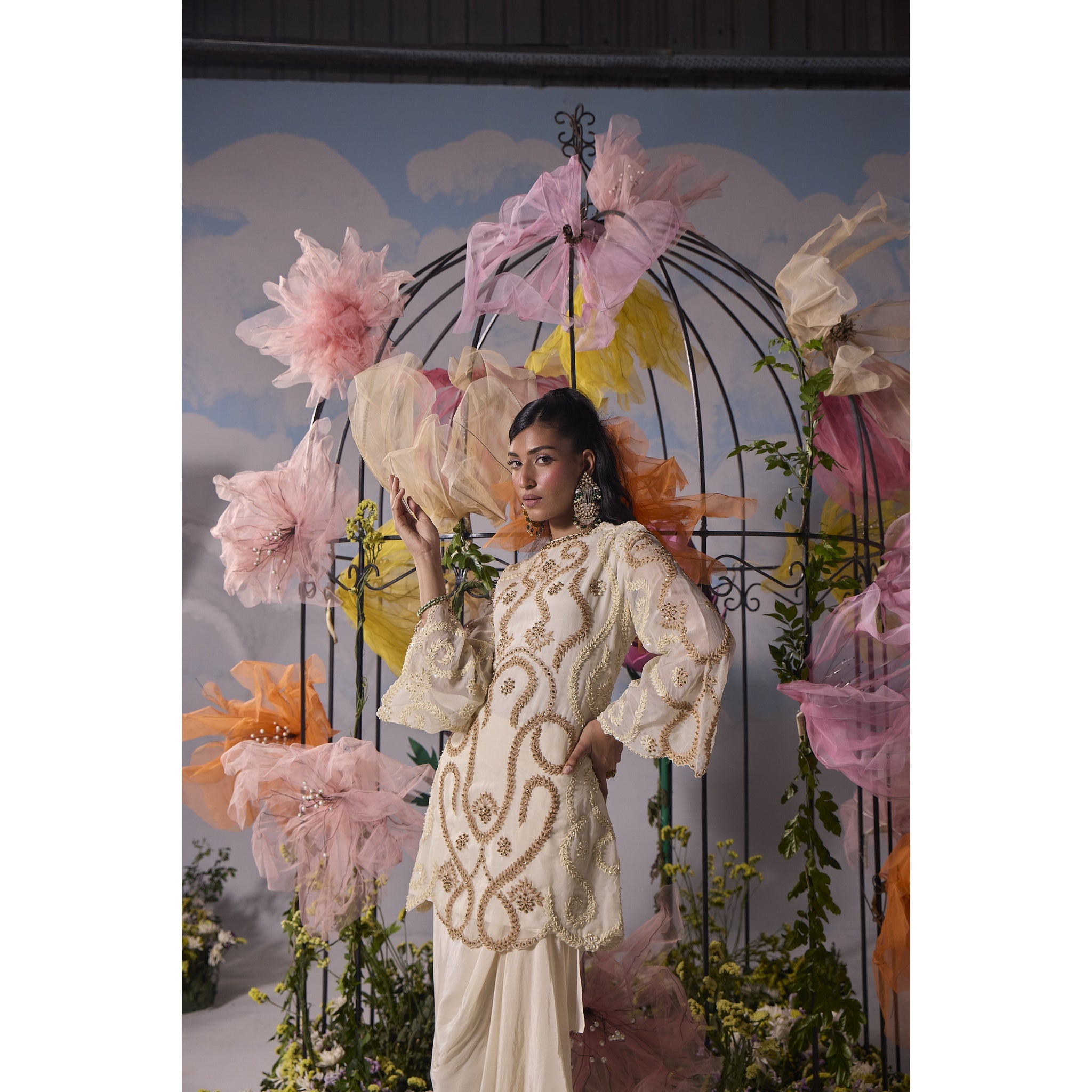 ivory beige dori embroidery kurta with drape skirt