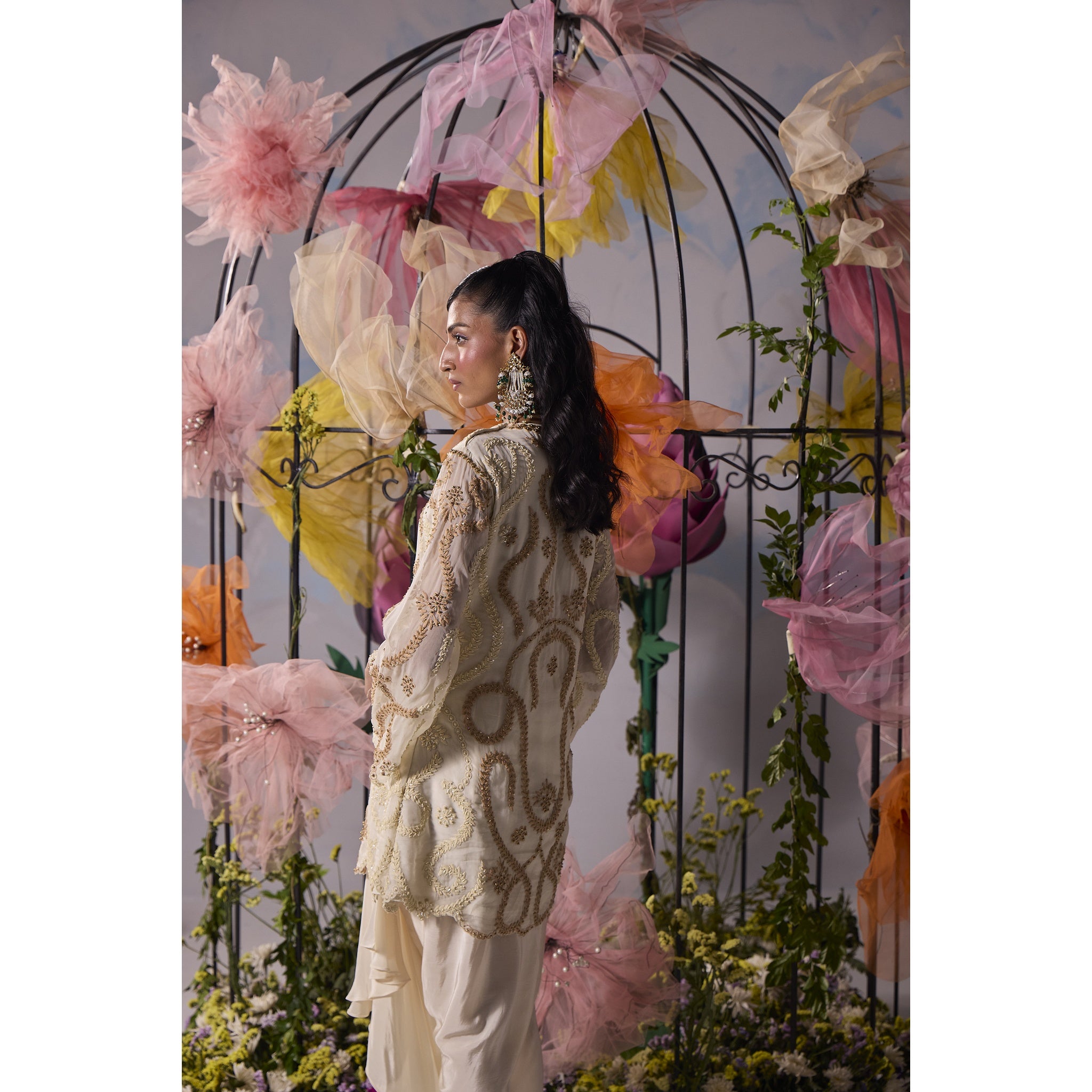 ivory beige dori embroidery kurta with drape skirt