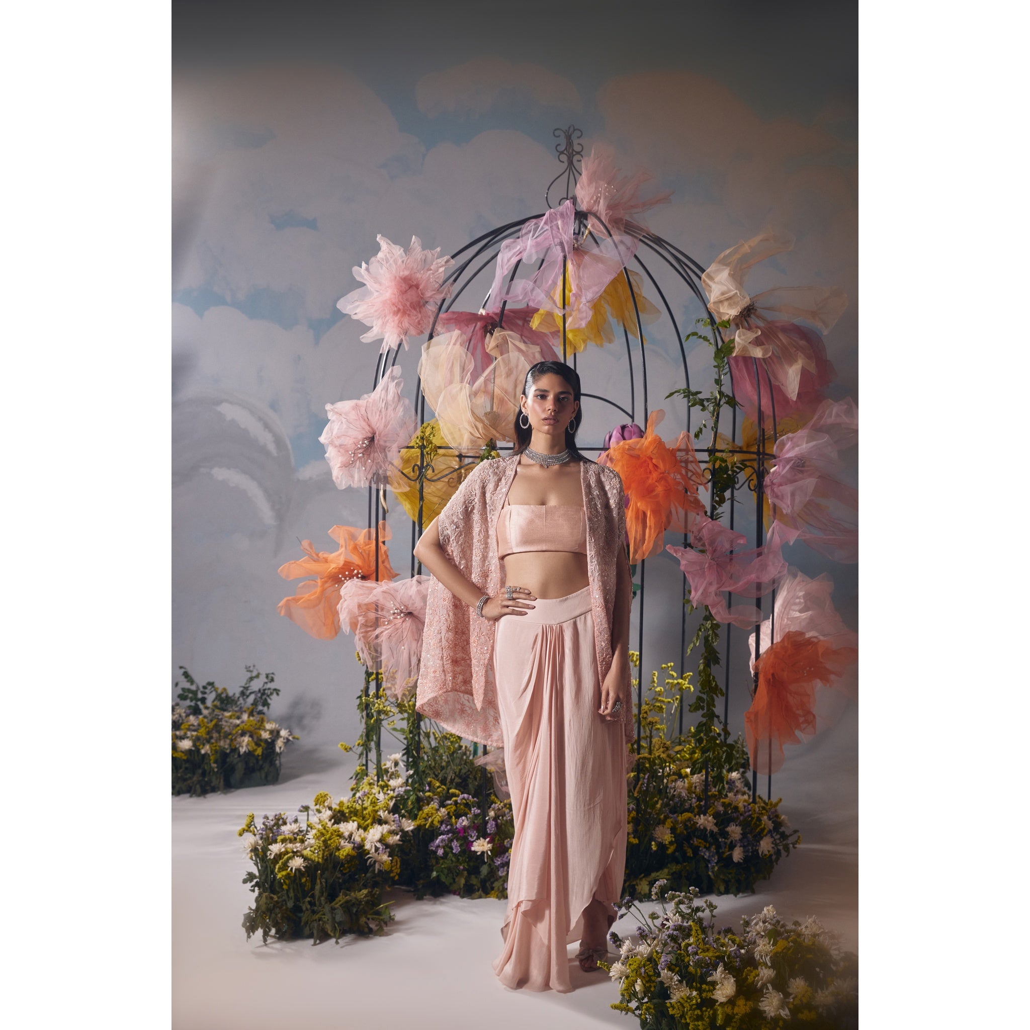 Peach dori self embroidery cape with drape skirt and bustier