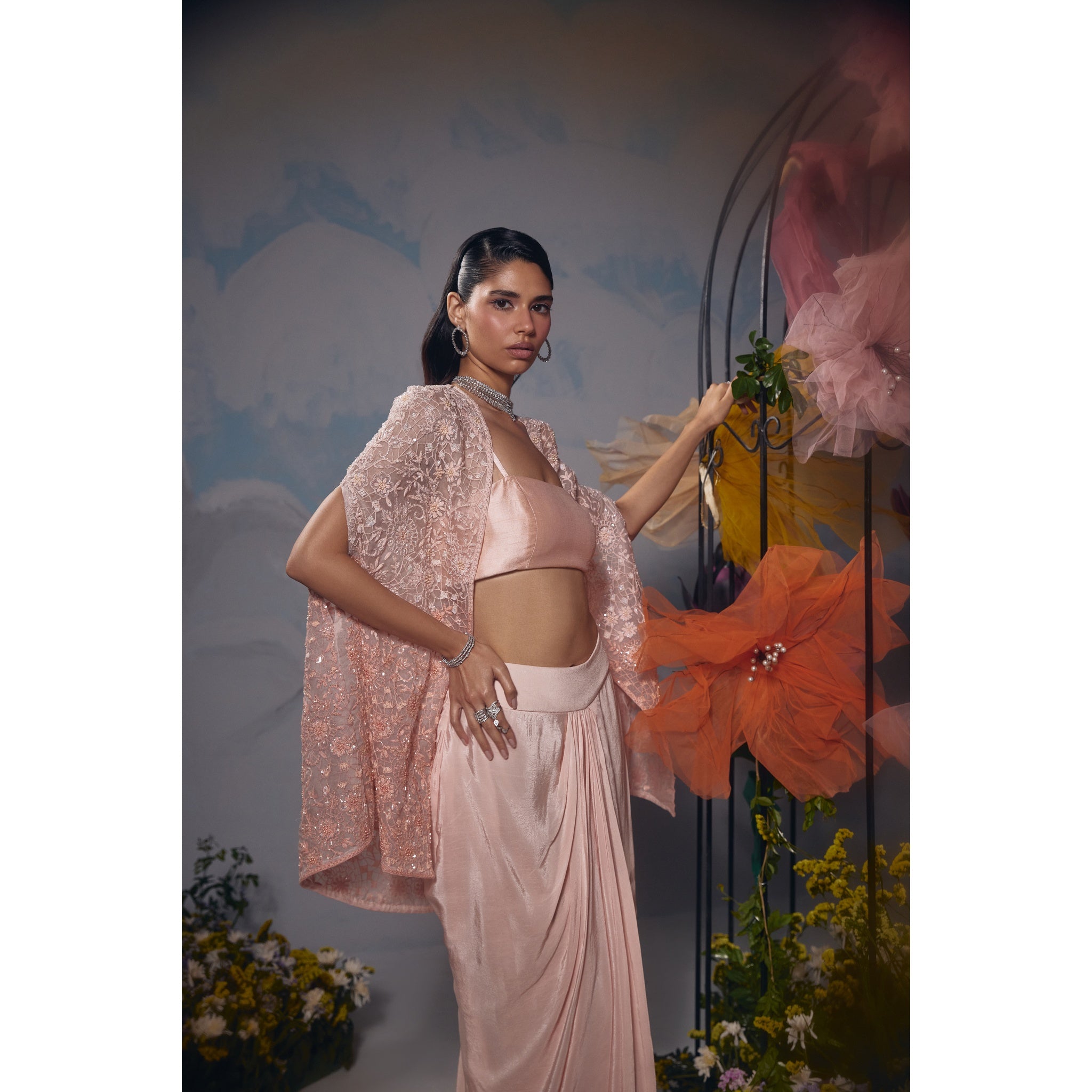 Peach dori self embroidery cape with drape skirt and bustier