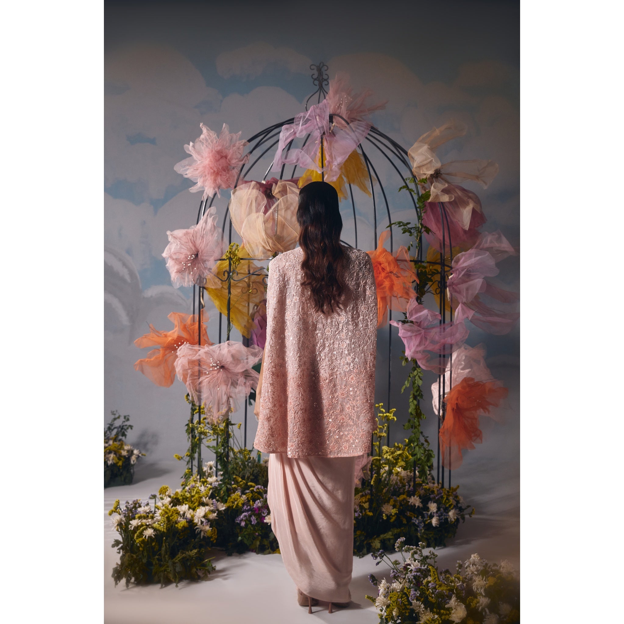 Peach dori self embroidery cape with drape skirt and bustier
