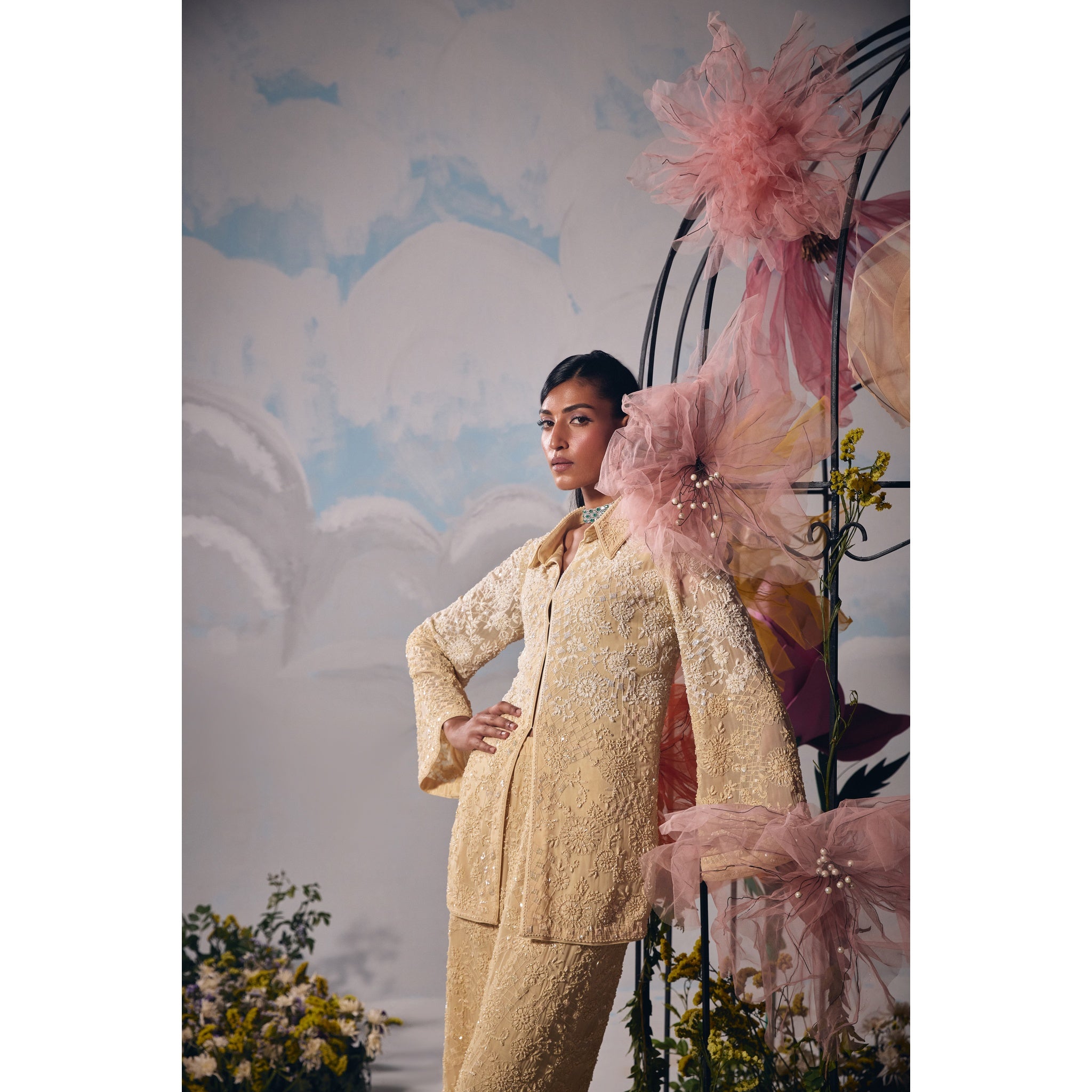 Eggshell dori self tone fully embroidery jacket with pants