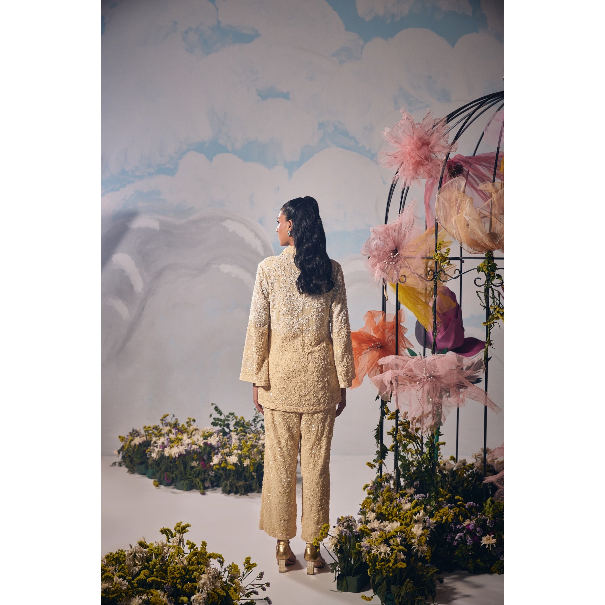 Eggshell dori self tone fully embroidery jacket with pants