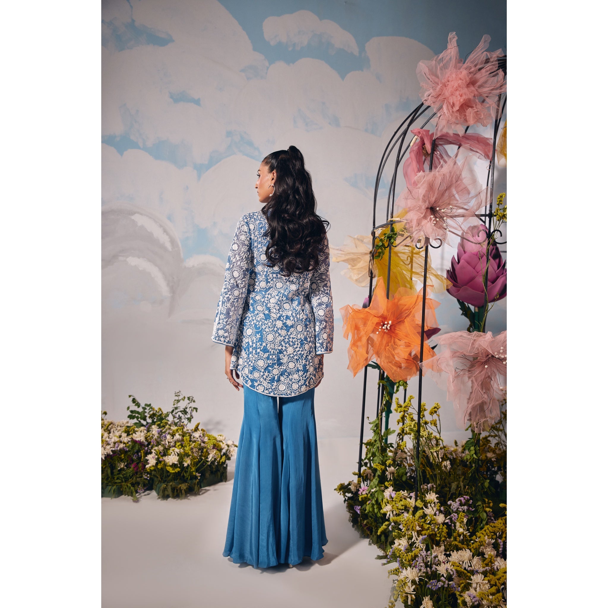 Electric blue dori embroidery jacket with kalidaar sharara and inner