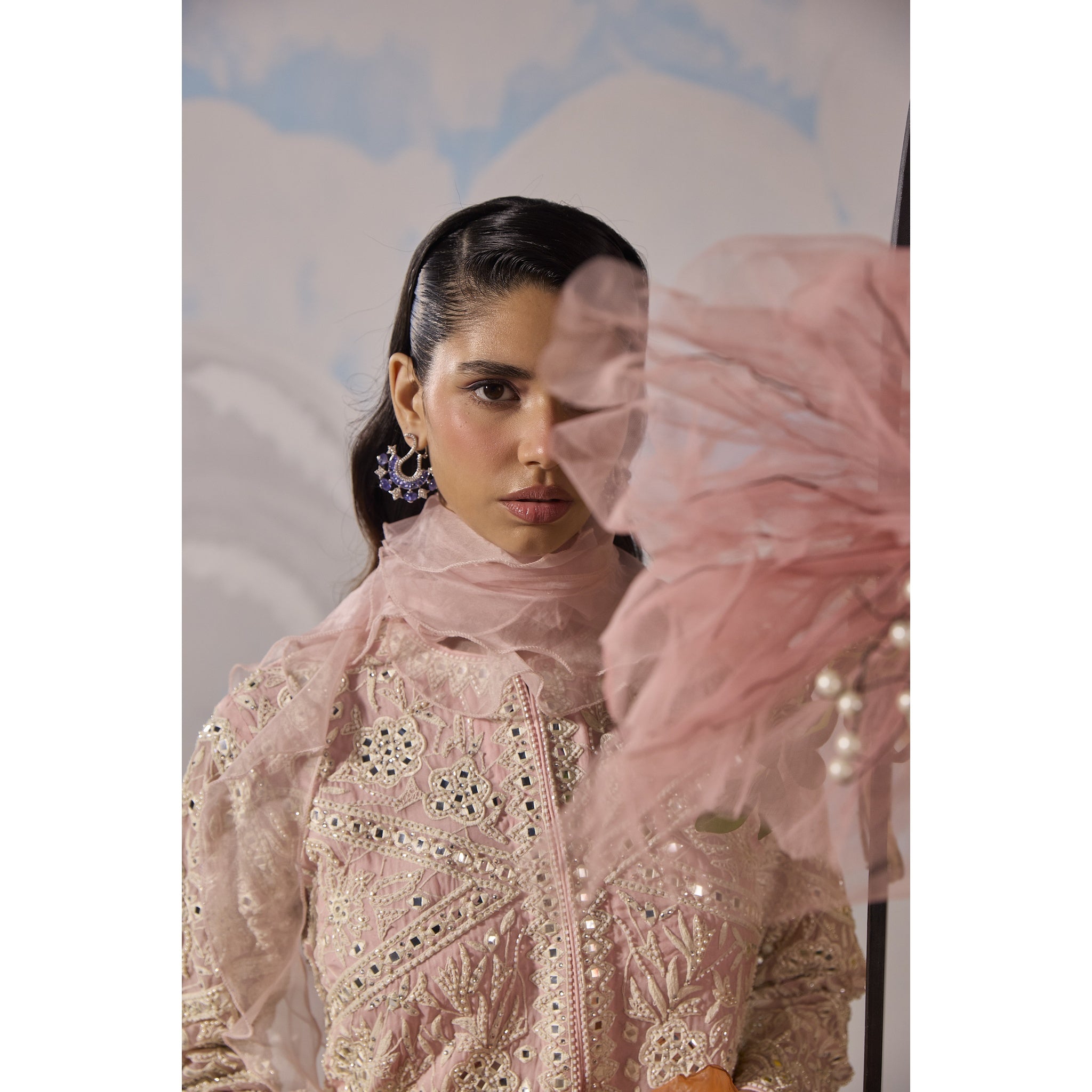 Rose pink dori embroidery jacket with pants and frill dupatta