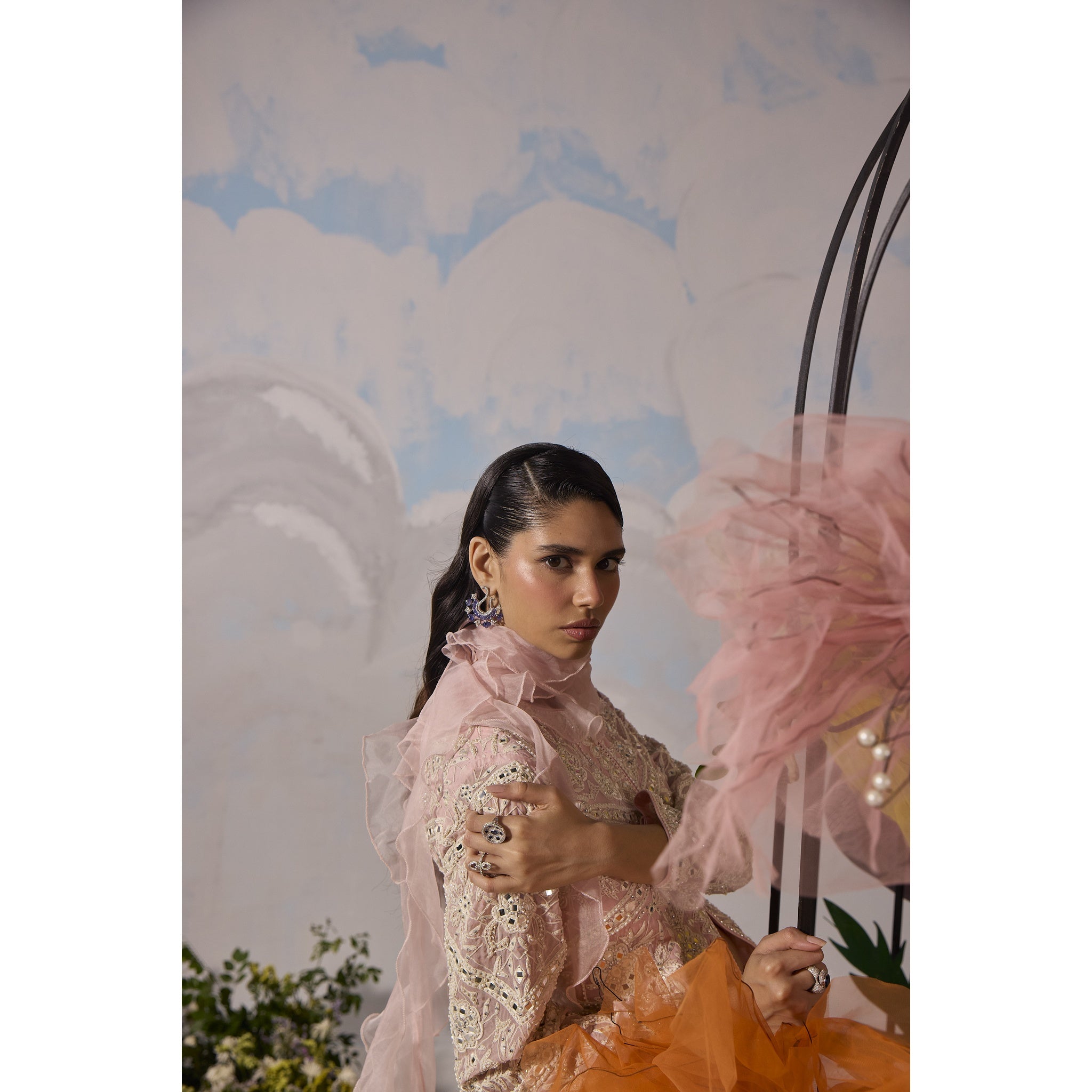 Rose pink dori embroidery jacket with pants and frill dupatta