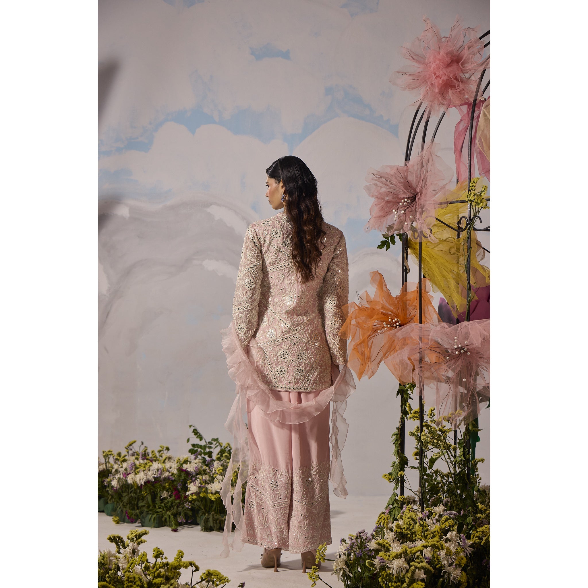 Rose pink dori embroidery jacket with pants and frill dupatta