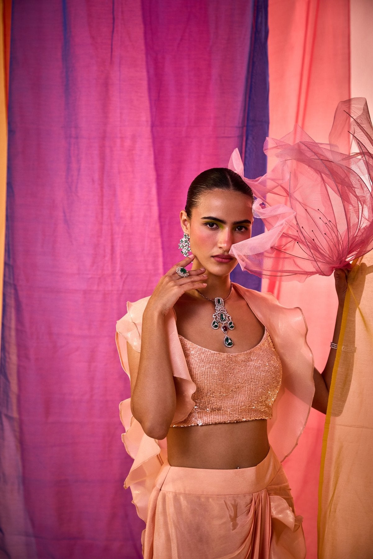 PEACH SEQUENCE EMBROIDERED BLOUSE WITH DRAPE SKIRT AND DRAMATIC RUFFLE CAPE