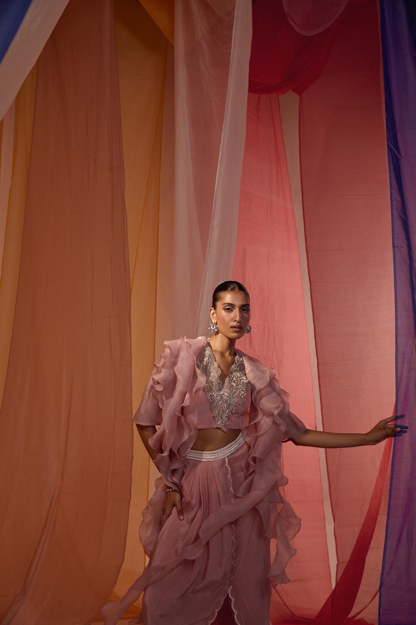 ROSE PINK RUFFLE CAPE WITH EMBROIDERED NECK DETAIL BLOUSE AND DRAPE SCALLOP SKIRT