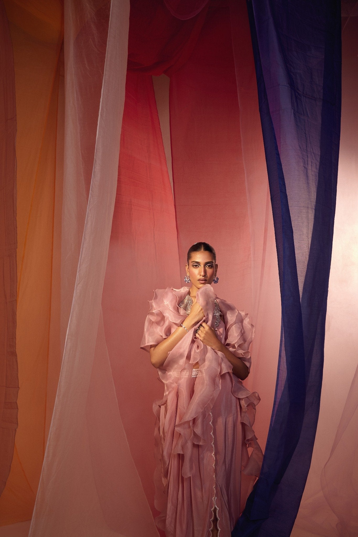 ROSE PINK RUFFLE CAPE WITH EMBROIDERED NECK DETAIL BLOUSE AND DRAPE SCALLOP SKIRT