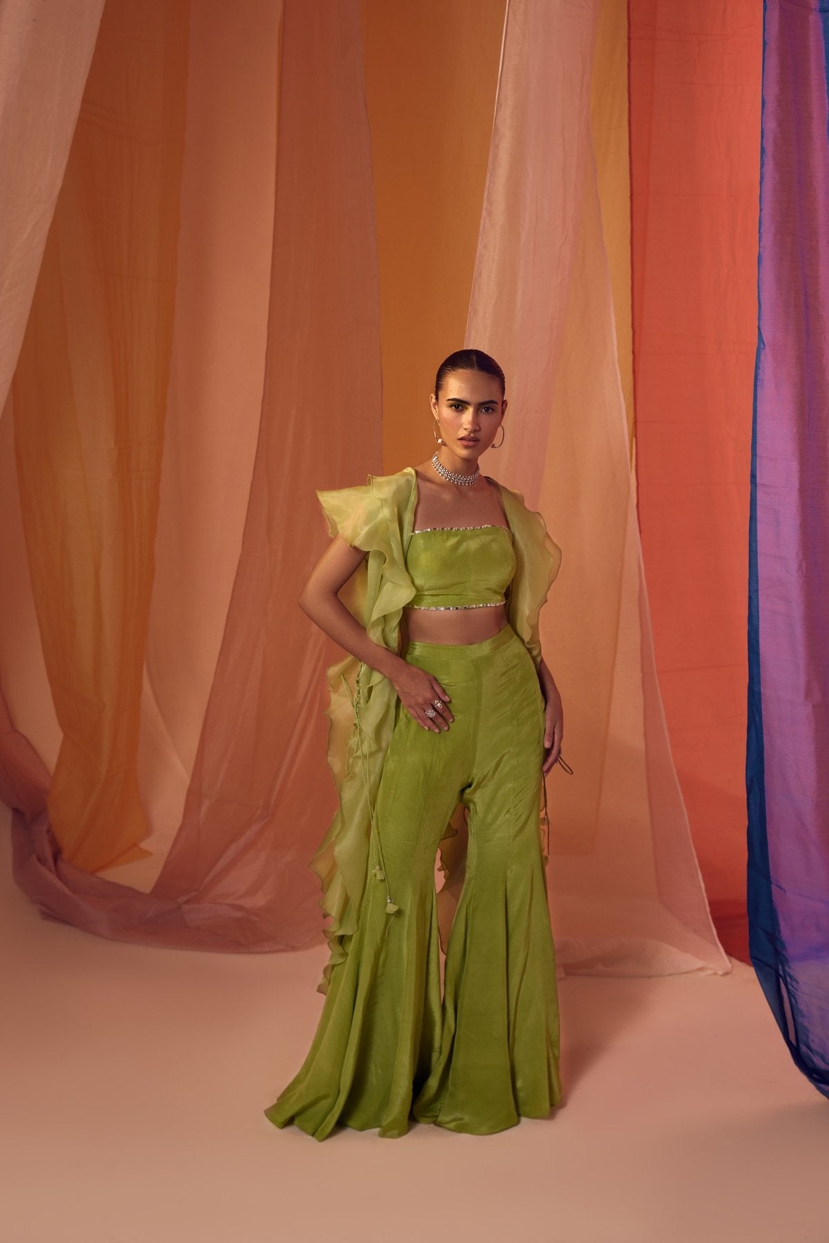 GREEN RUFFLE ORGANZA CAPE WITH CRYSTAL DETAILING BUSTIER AND KALIDAAR PANTS