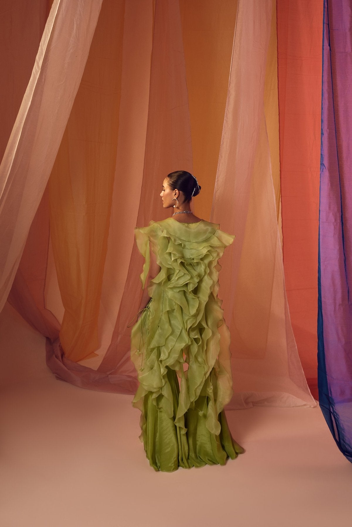 GREEN RUFFLE ORGANZA CAPE WITH CRYSTAL DETAILING BUSTIER AND KALIDAAR PANTS