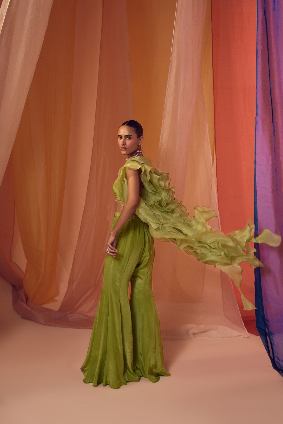 GREEN RUFFLE ORGANZA CAPE WITH CRYSTAL DETAILING BUSTIER AND KALIDAAR PANTS