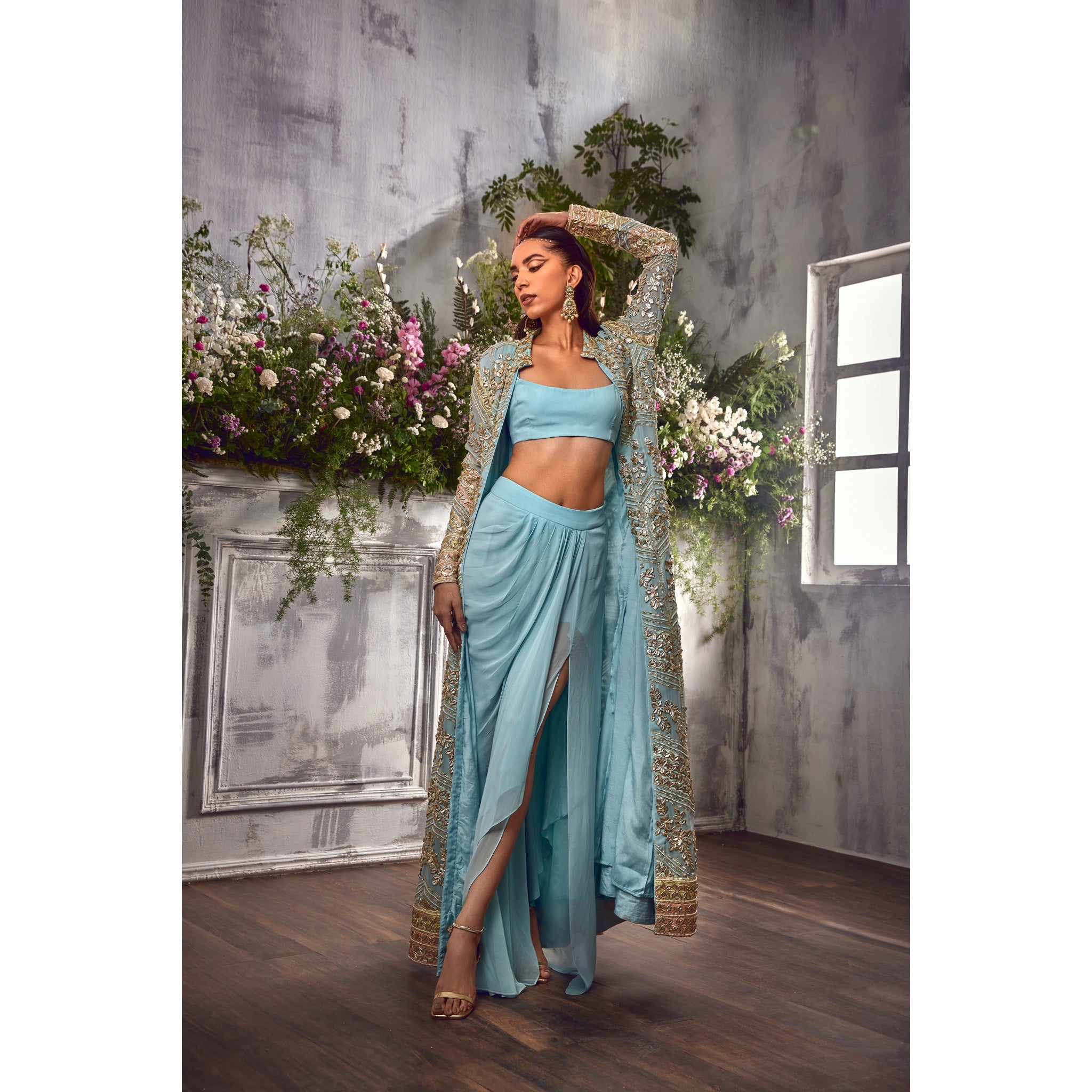 POWDER BLUE GOTA JACKET WITH PICK-UP SKIRT AND BLOUSE