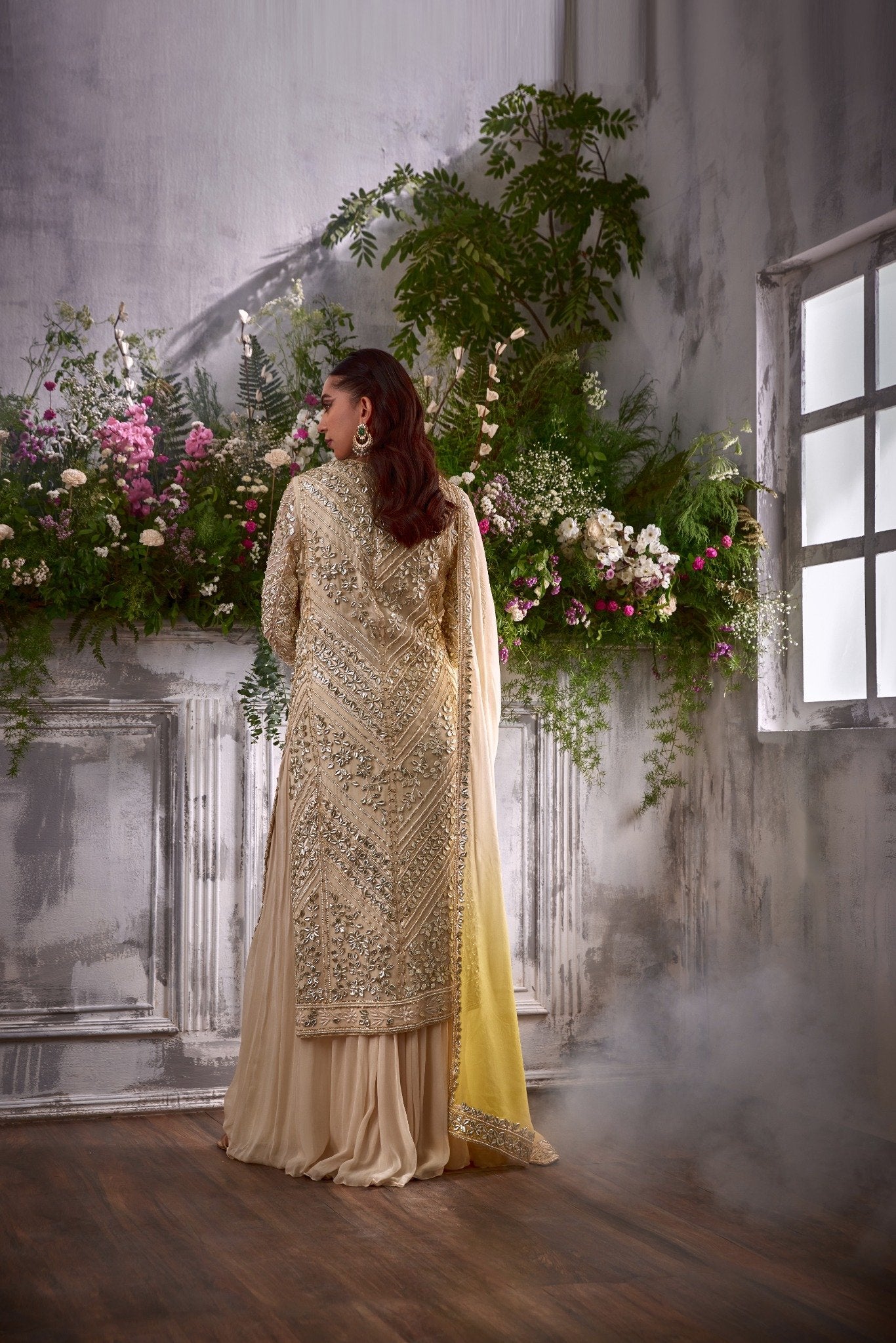 CREAM GOTA KURTA LONG WITH SHARARA AND YELLOW CREAM DUPATTA