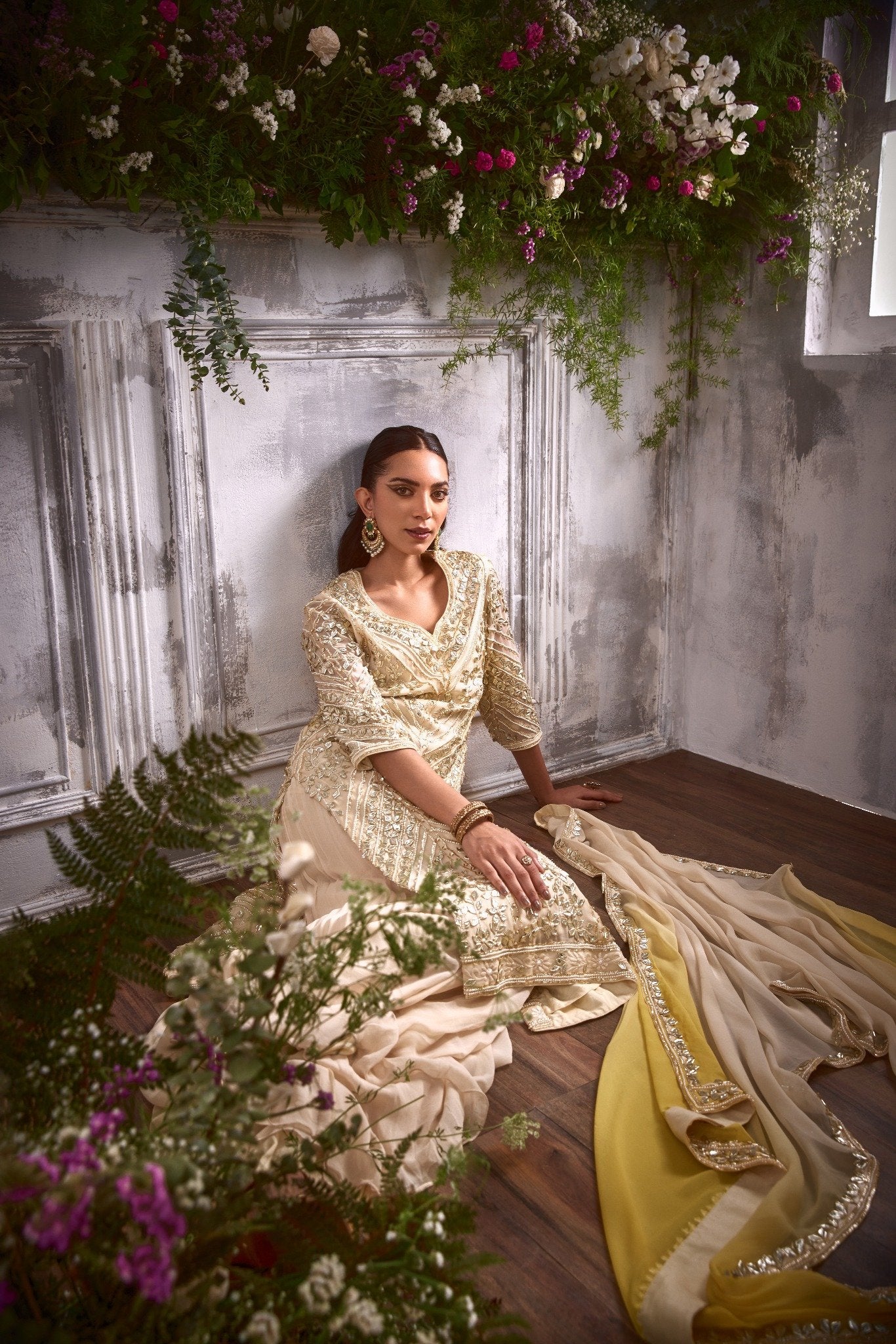 CREAM GOTA KURTA LONG WITH SHARARA AND YELLOW CREAM DUPATTA