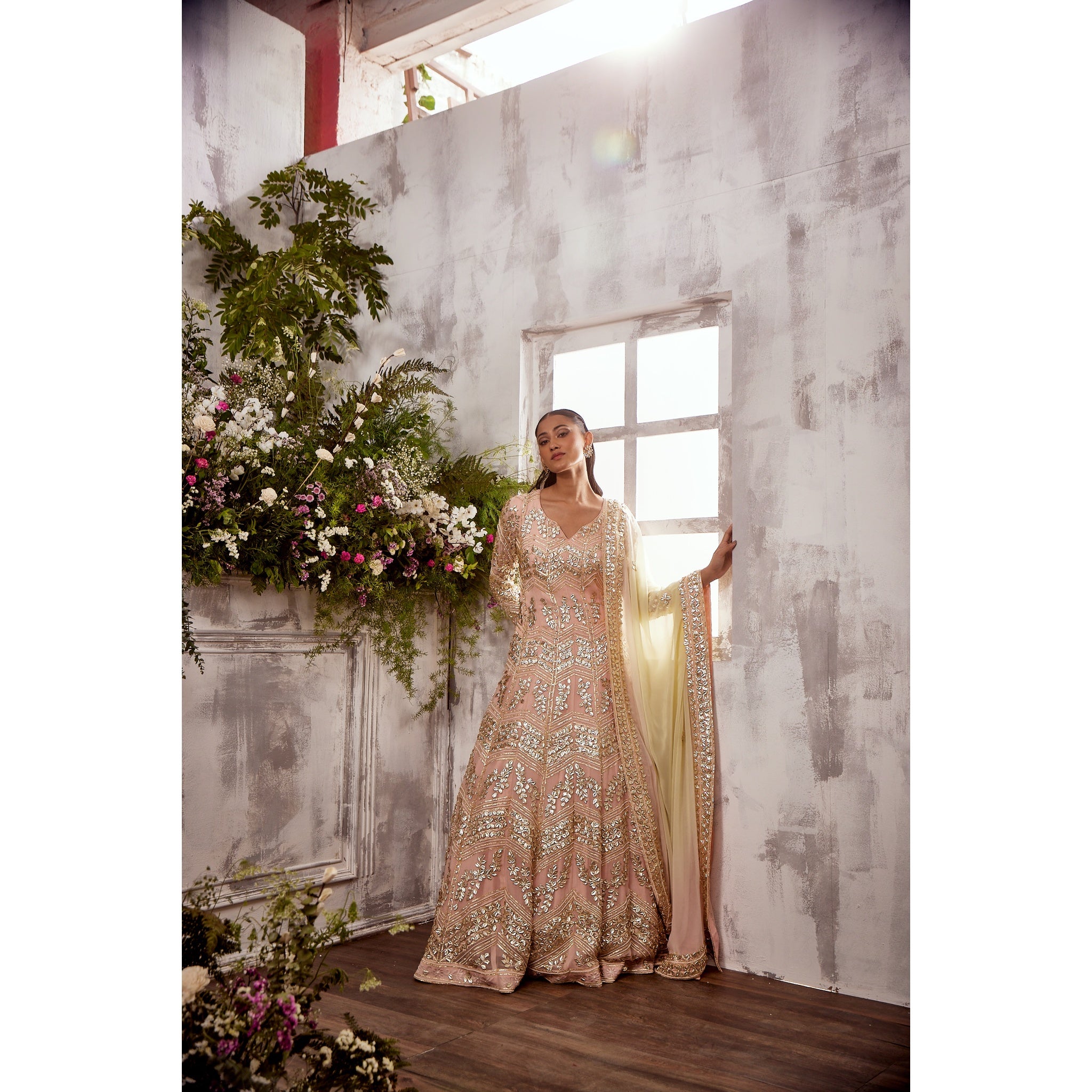 PEACH GOTA ANARKALI WITH SHADED DUPATTA