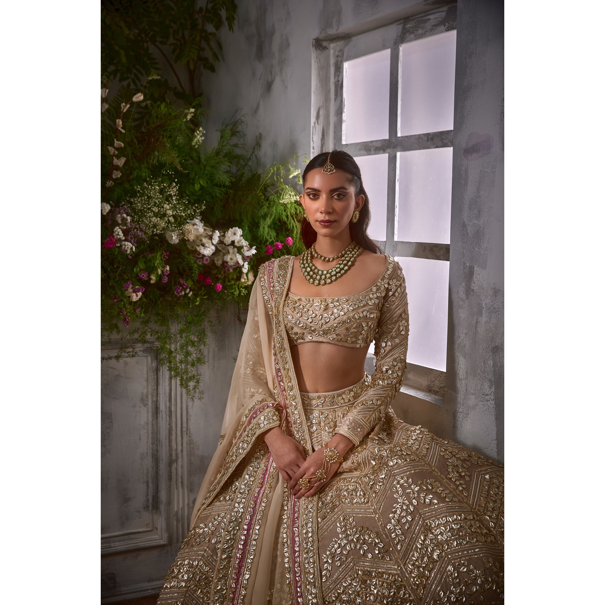 BEIGE GOTA LEHENGA WITH MANGO-PINK TRIMMING DETAILS