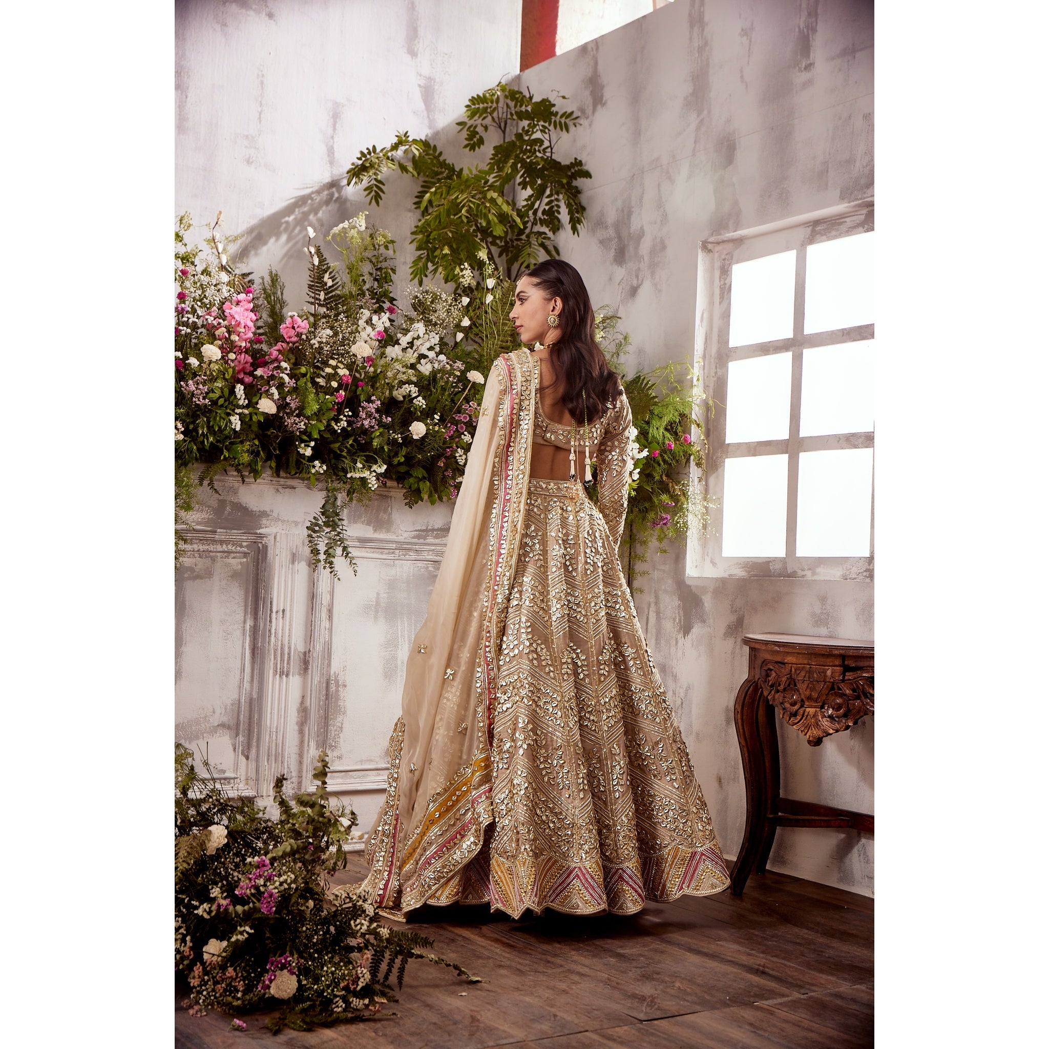 BEIGE GOTA LEHENGA WITH MANGO-PINK TRIMMING DETAILS