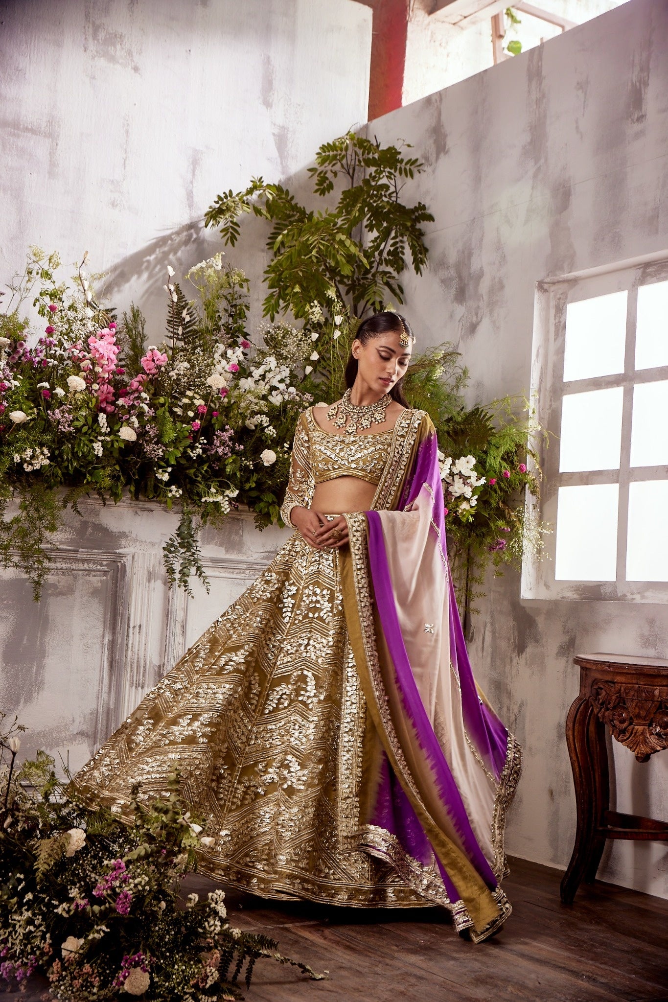 MEHENDI GREEN GOTA LEHENGA WITH THREE COLOUR DUPATTA