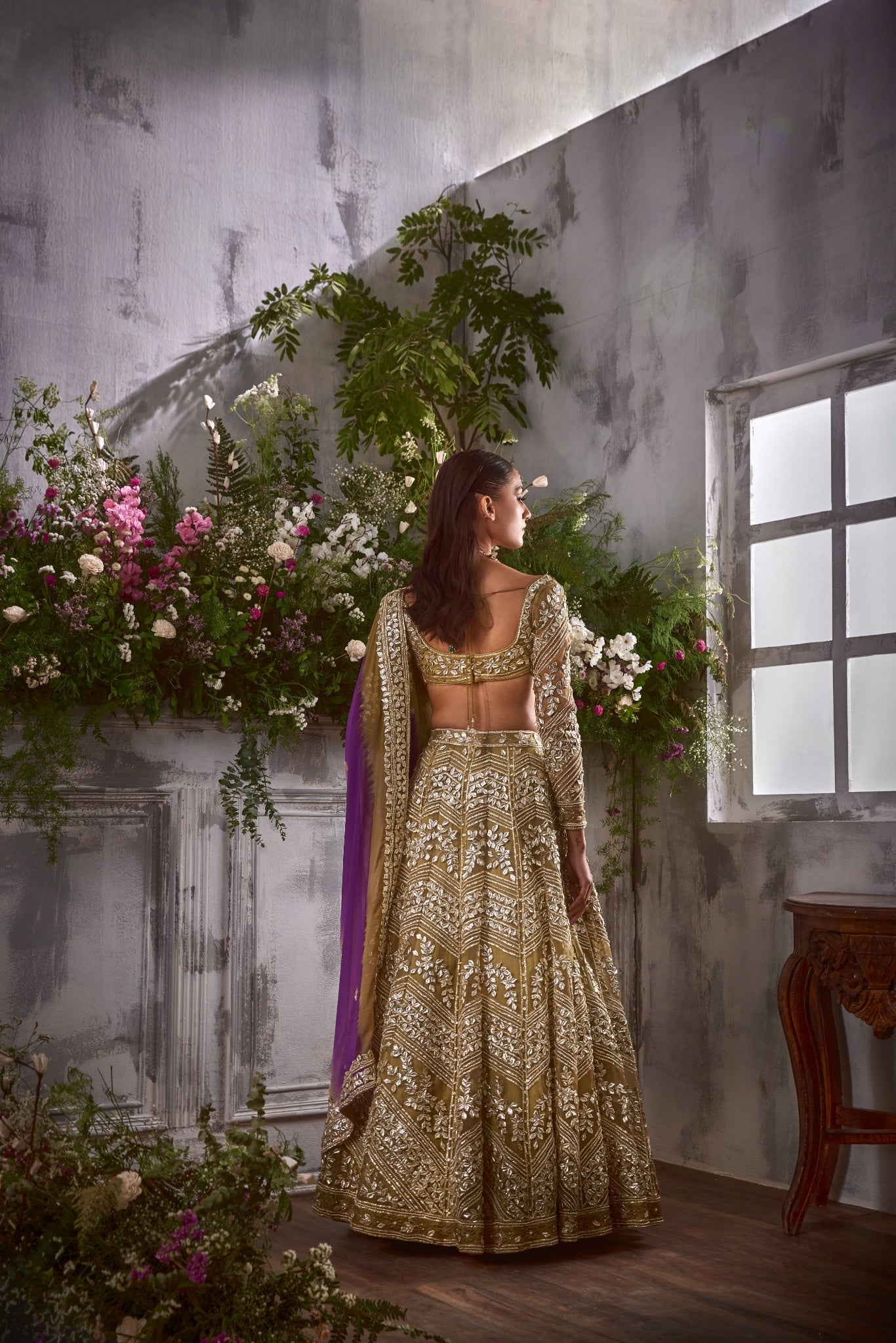 MEHENDI GREEN GOTA LEHENGA WITH THREE COLOUR DUPATTA