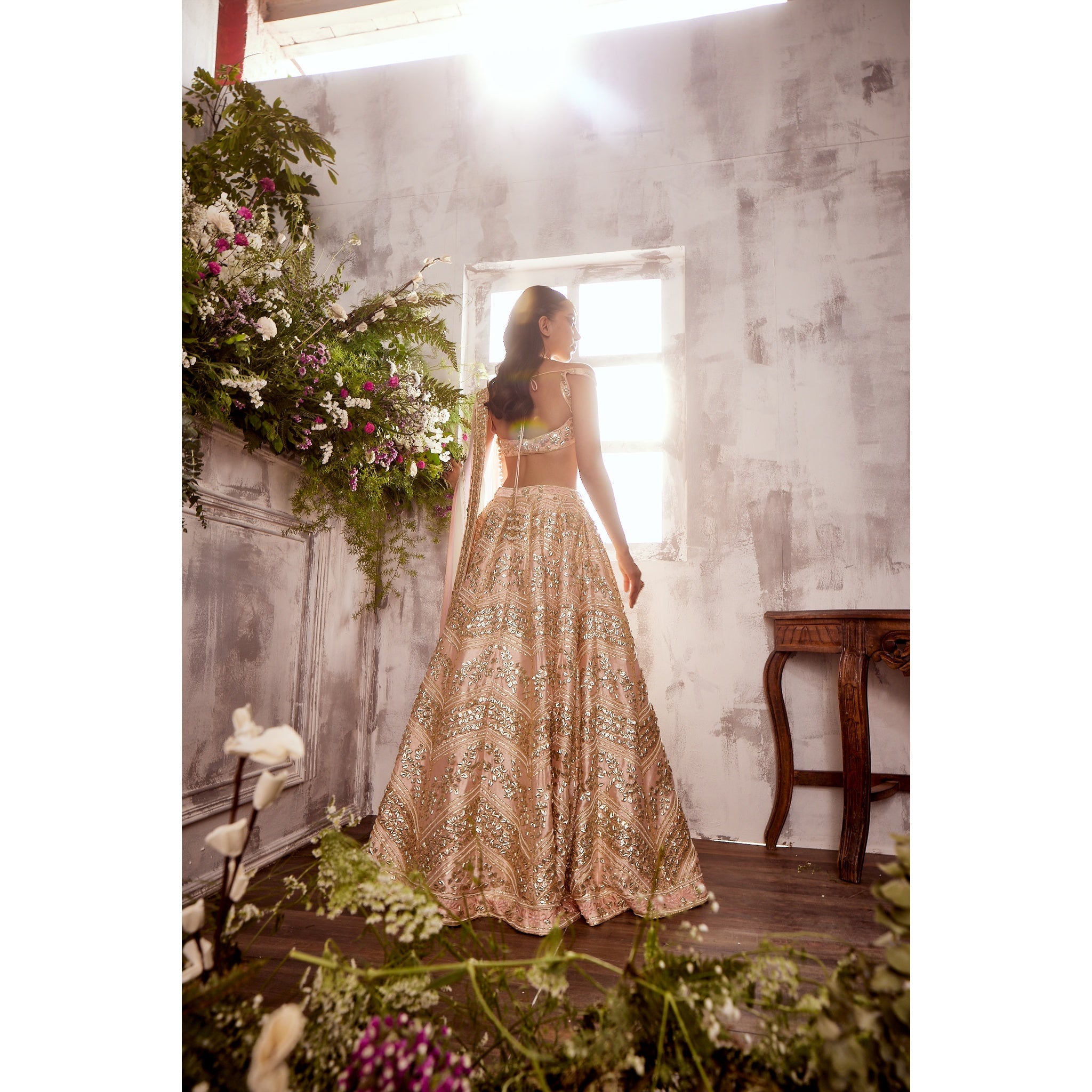 PEACH GOTA LEHENGA WITH OMBRE DUPATTA