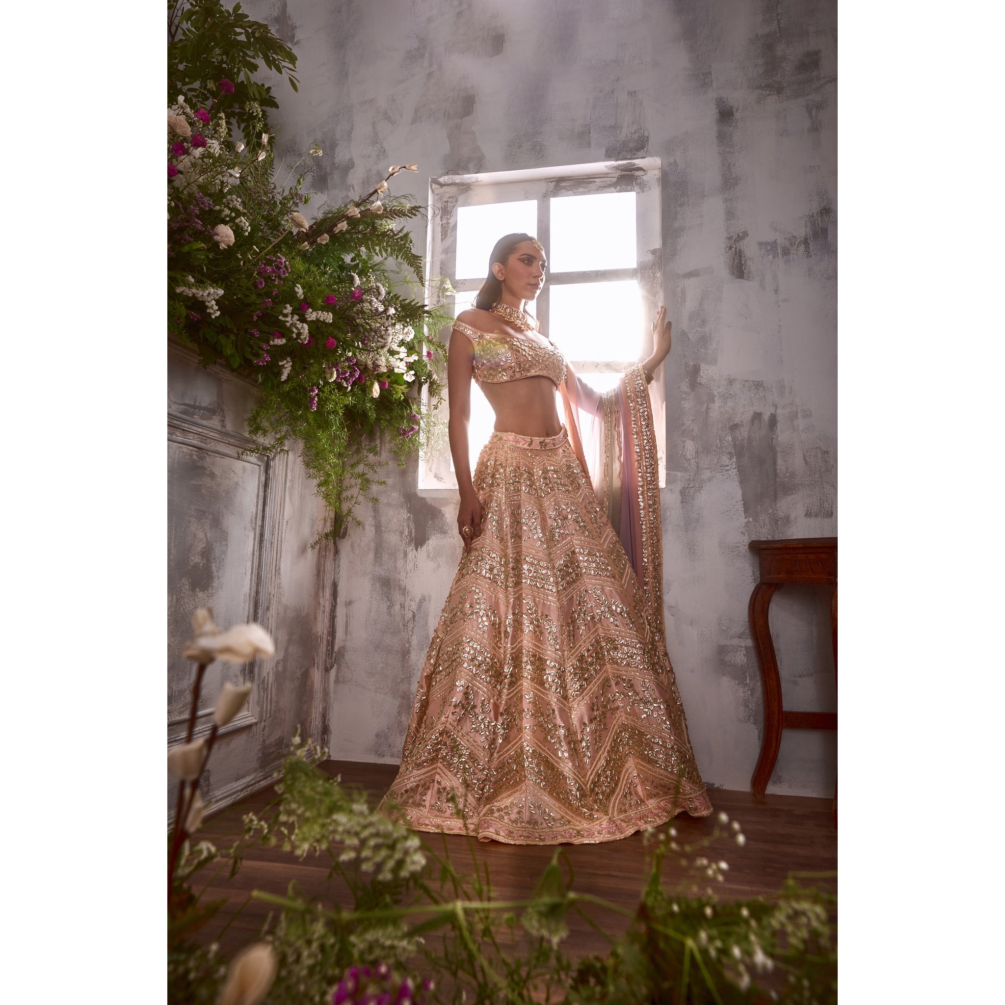 PEACH GOTA LEHENGA WITH OMBRE DUPATTA