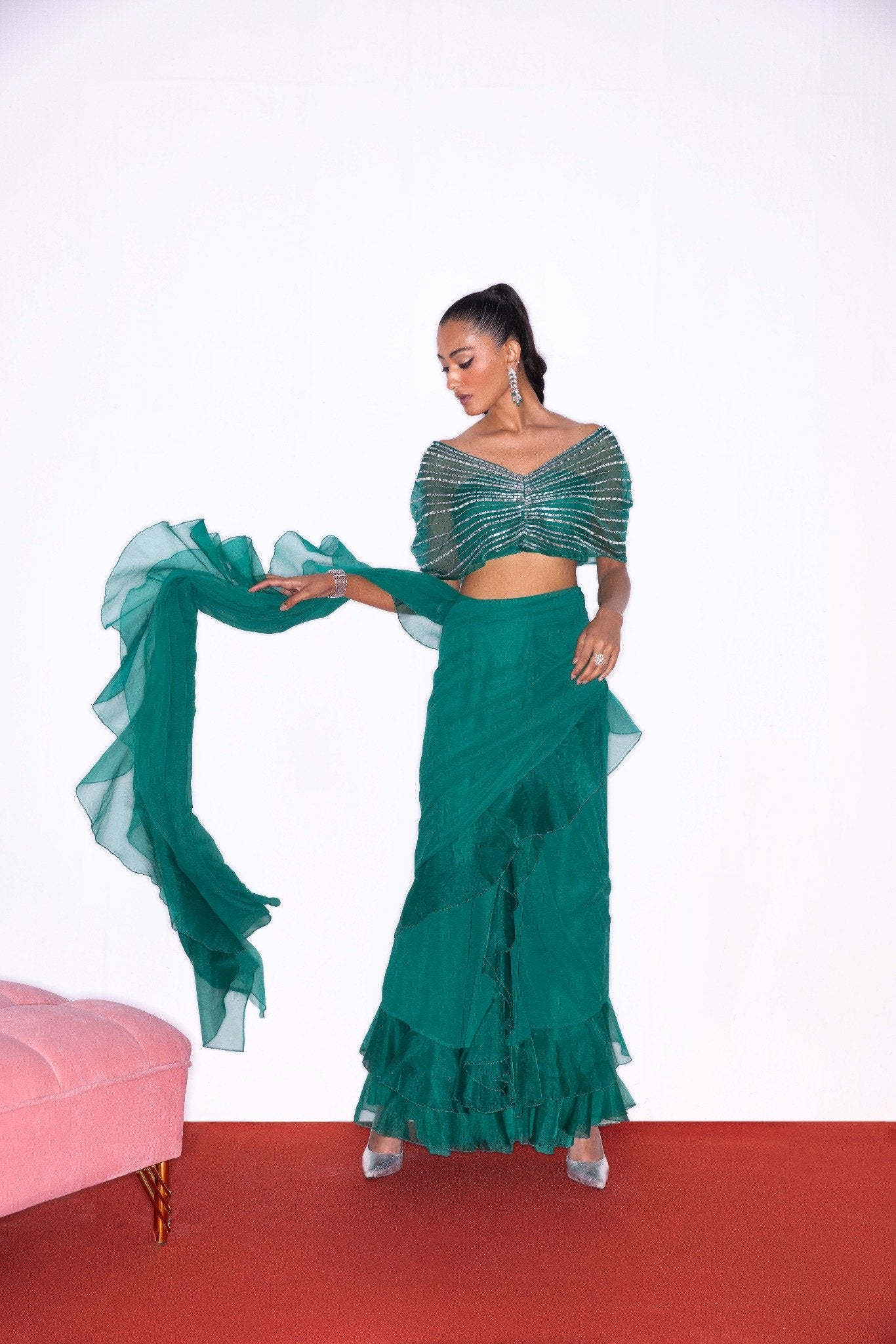 EMERALD GREEN FRILL SAREE