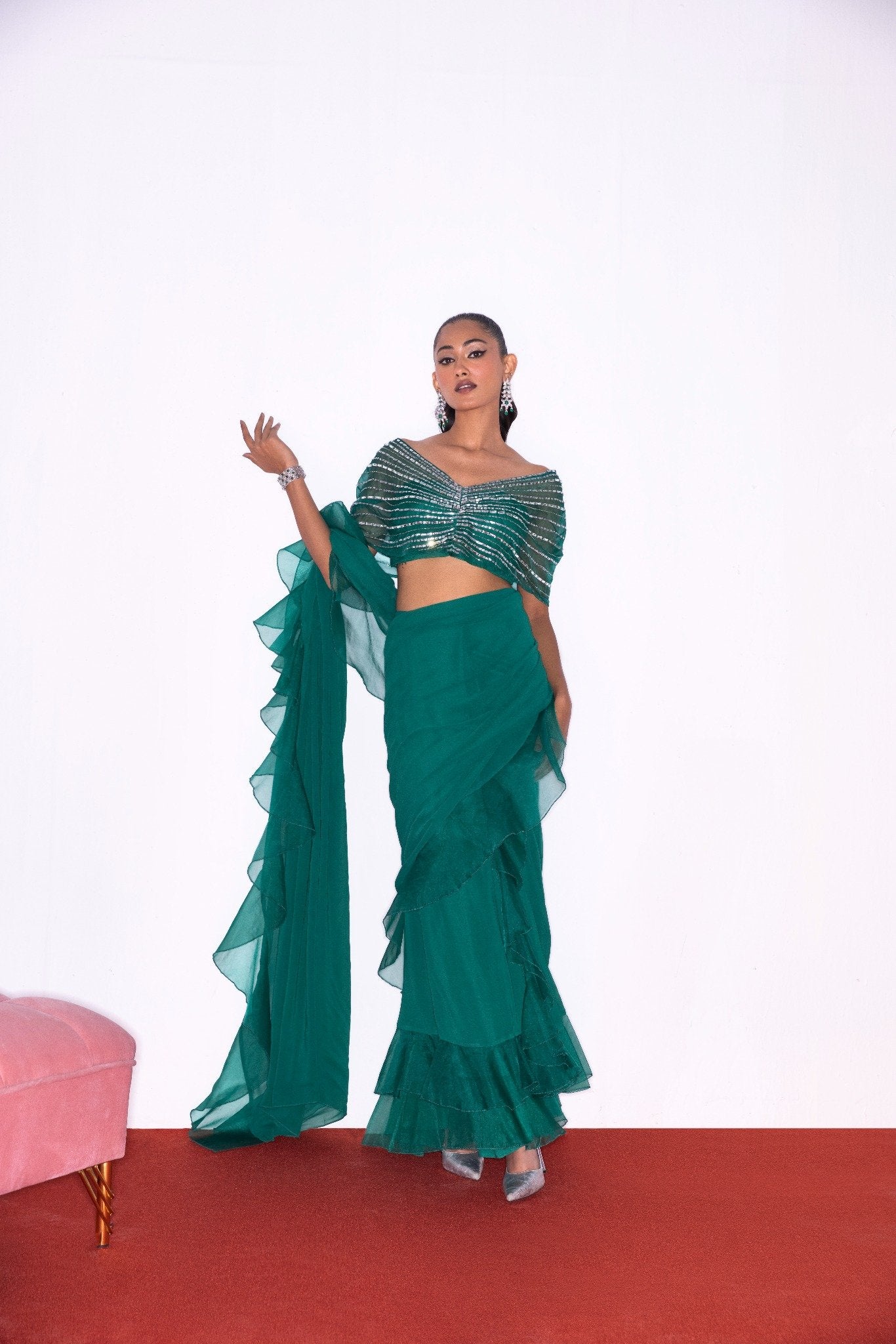 EMERALD GREEN FRILL SAREE