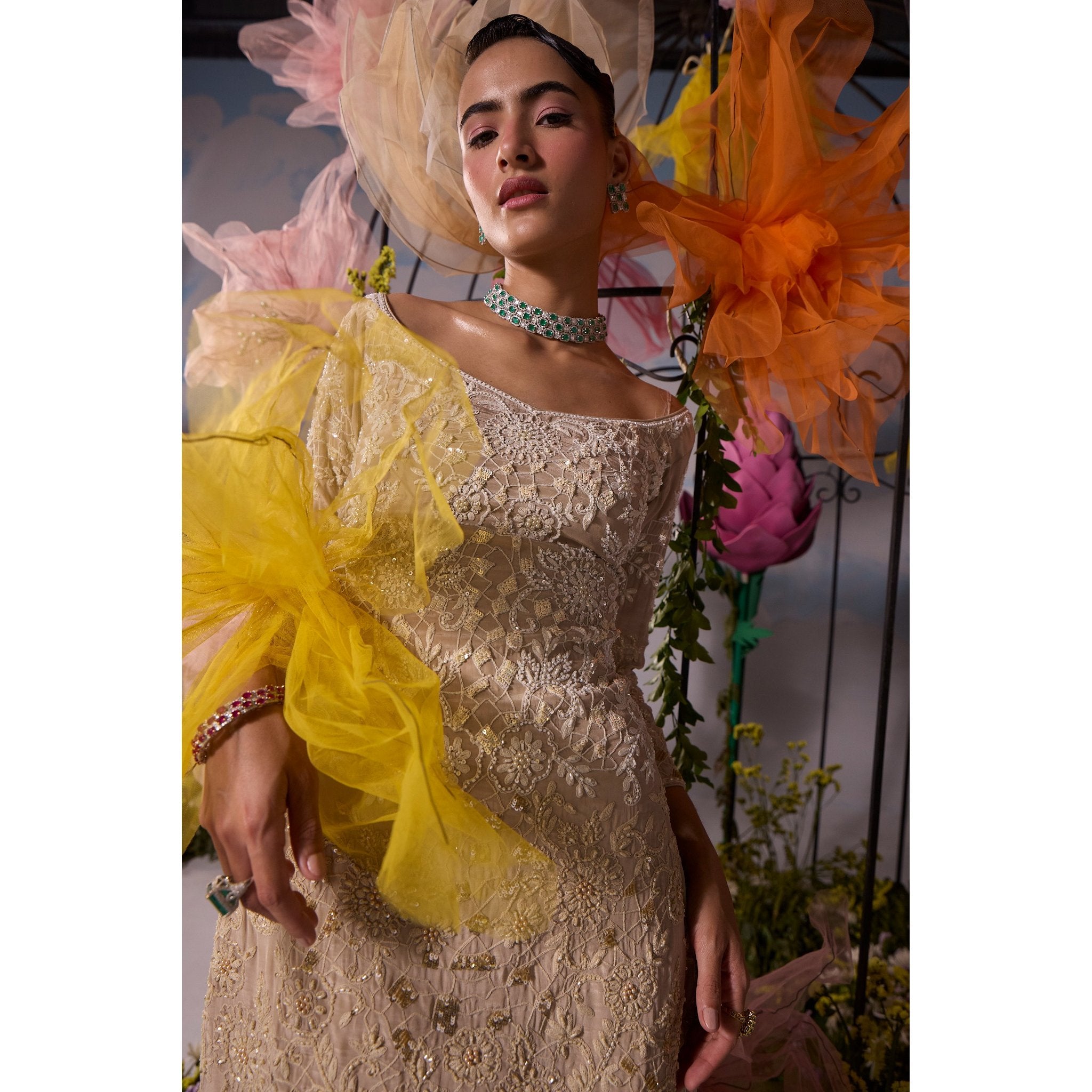 Beige thread dori embroidery kurta with sharara and dupatta